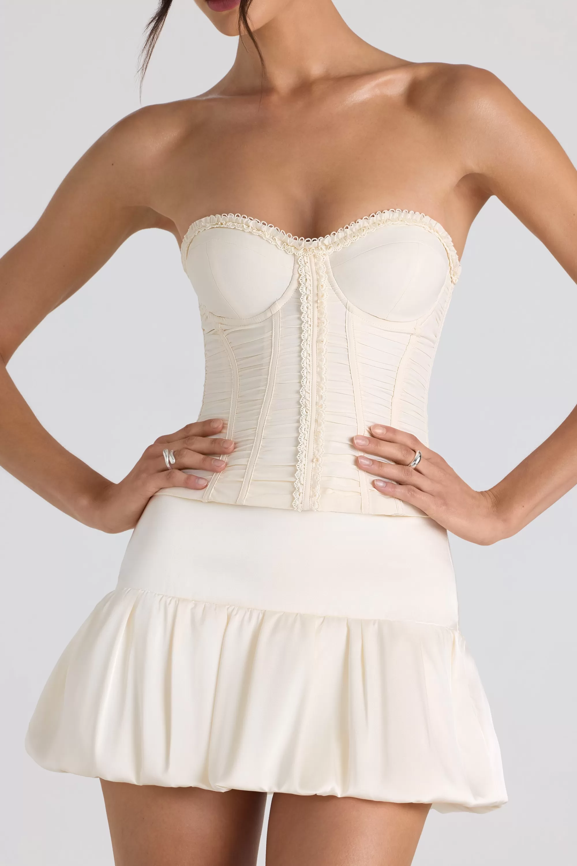 Oh Polly Ruched Lace-Up Strapless Corset Top in Ivory Cheap