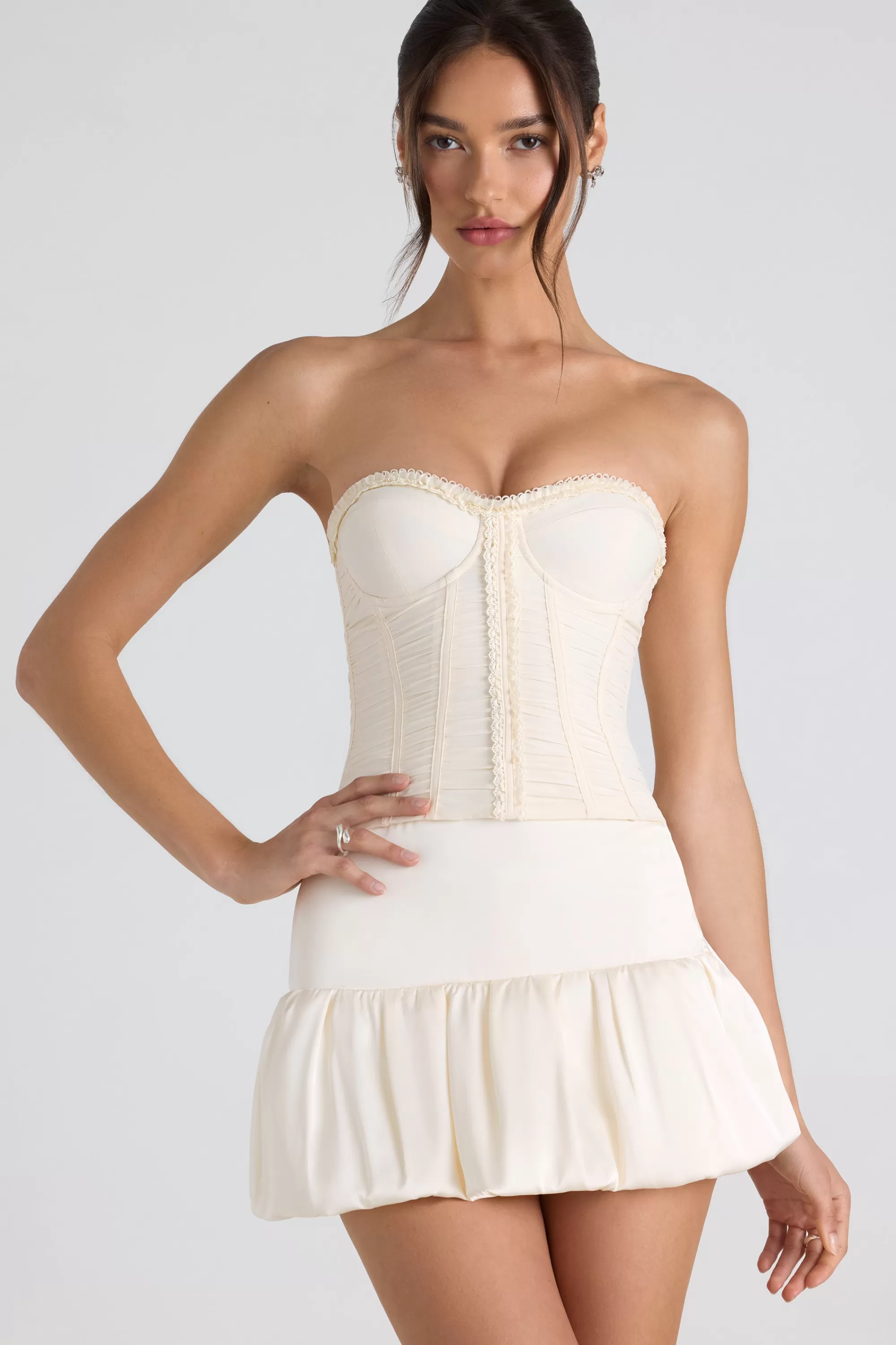 Oh Polly Ruched Lace-Up Strapless Corset Top in Ivory Cheap