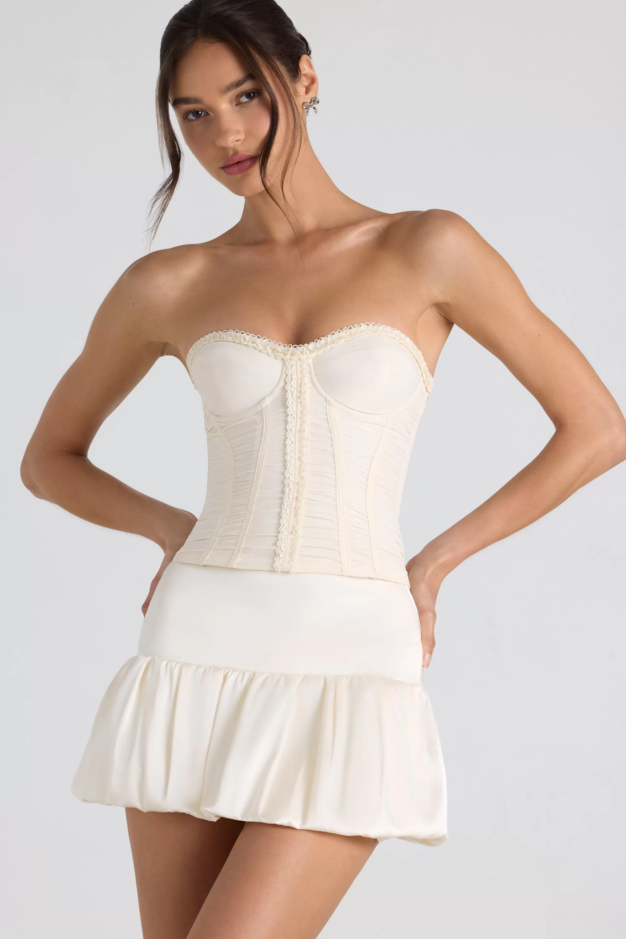 Oh Polly Ruched Lace-Up Strapless Corset Top in Ivory Cheap