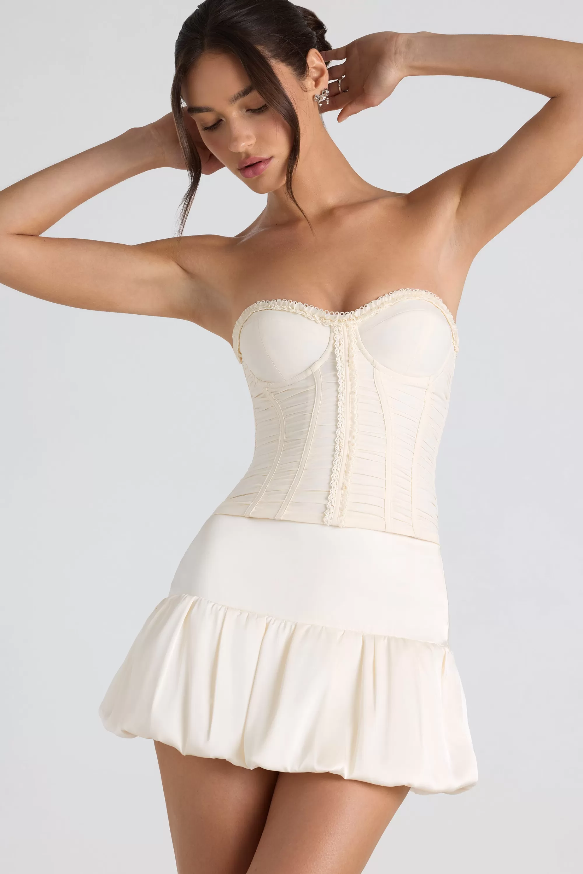 Oh Polly Ruched Lace-Up Strapless Corset Top in Ivory Cheap
