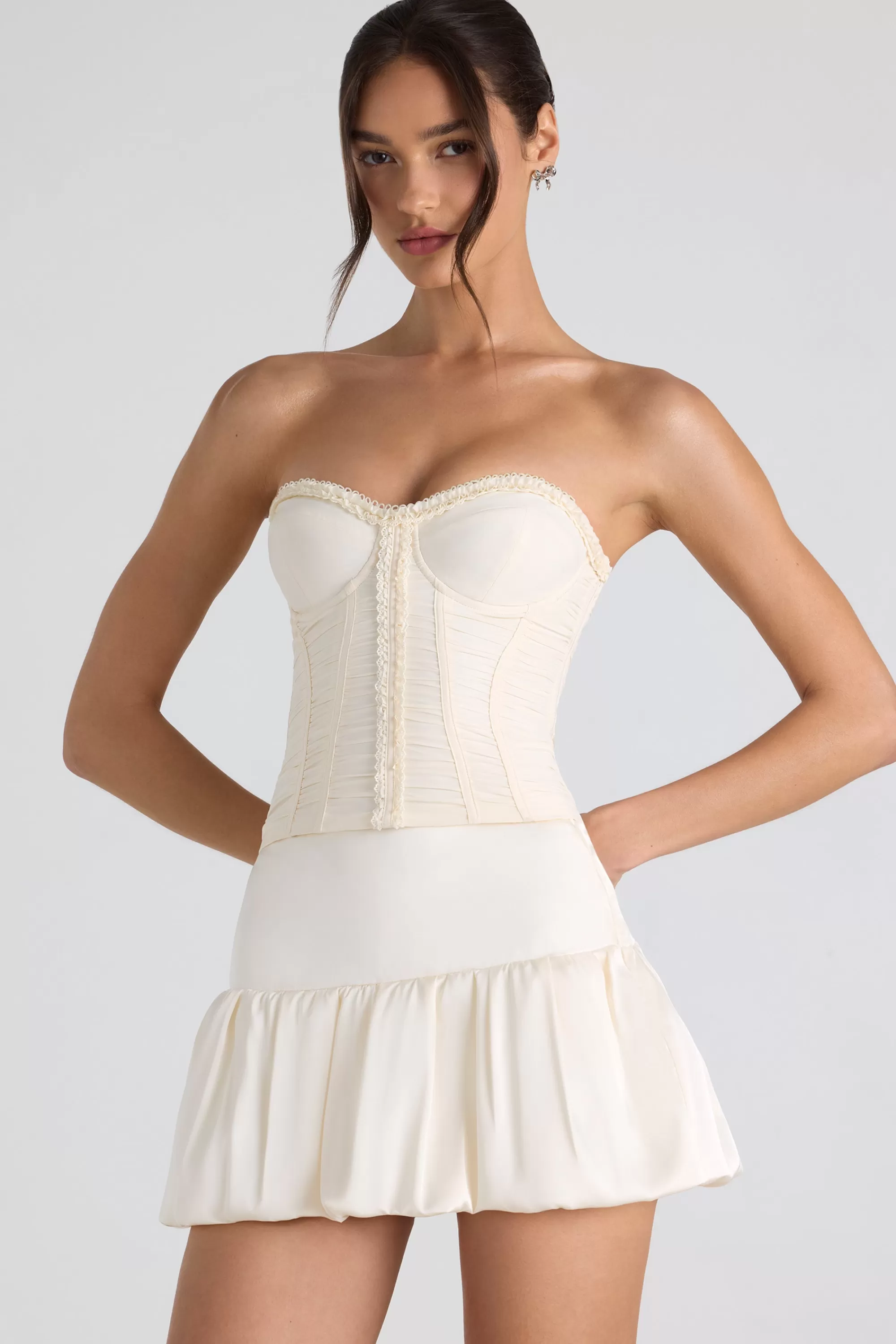 Oh Polly Ruched Lace-Up Strapless Corset Top in Ivory Cheap