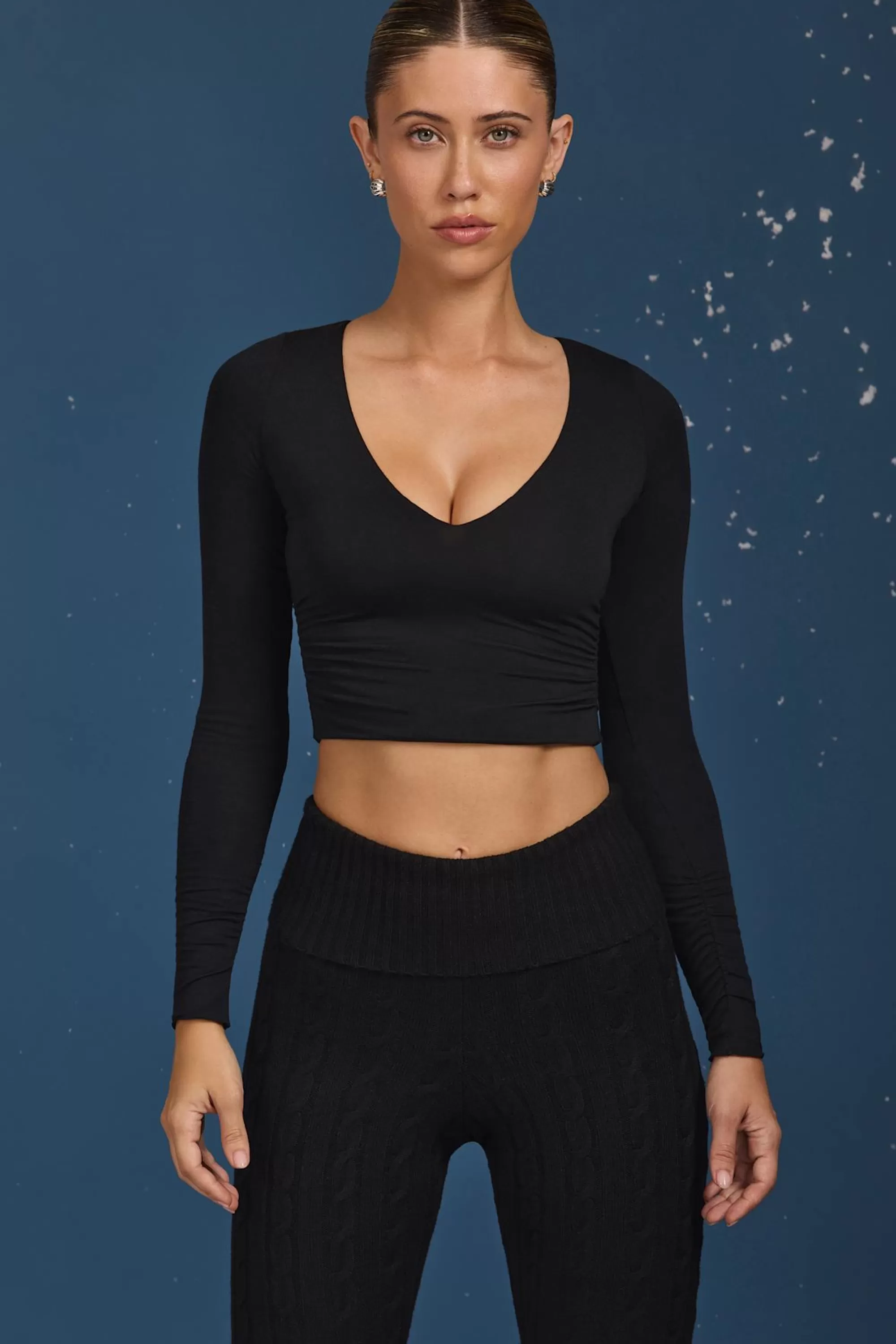 Oh Polly Ruched Long-Sleeve Crop Top in Black Cheap