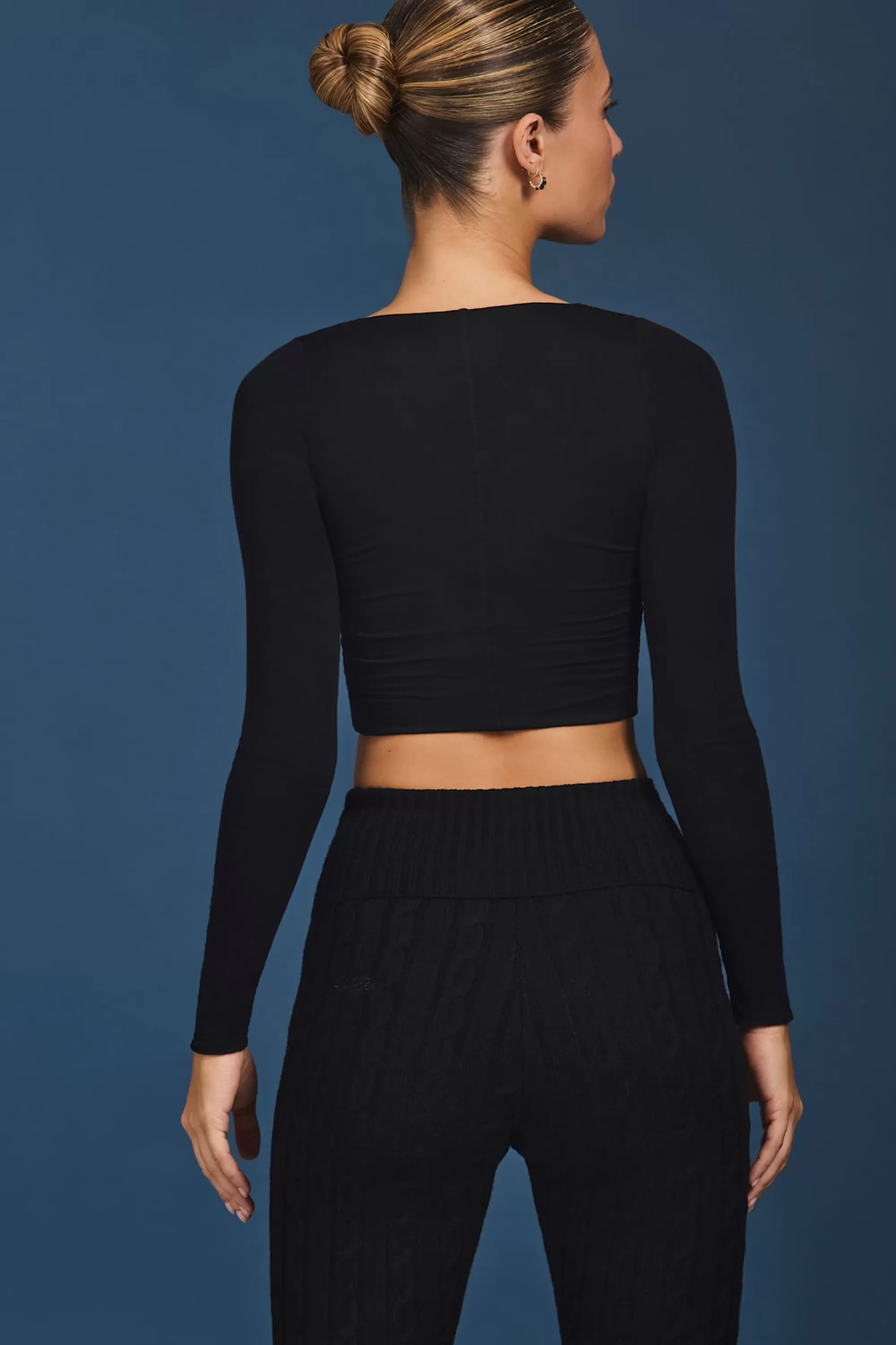 Oh Polly Ruched Long-Sleeve Crop Top in Black Cheap