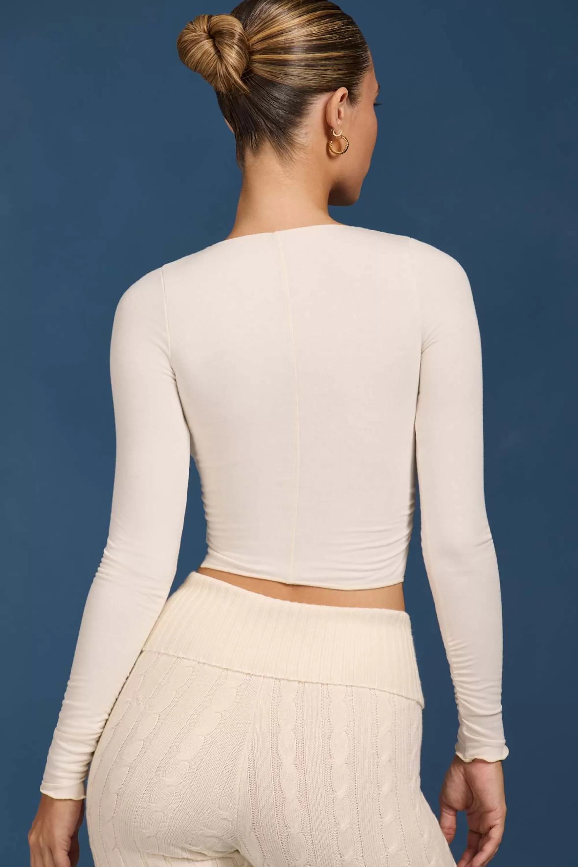 Oh Polly Ruched Long-Sleeve Crop Top in Cream Flash Sale