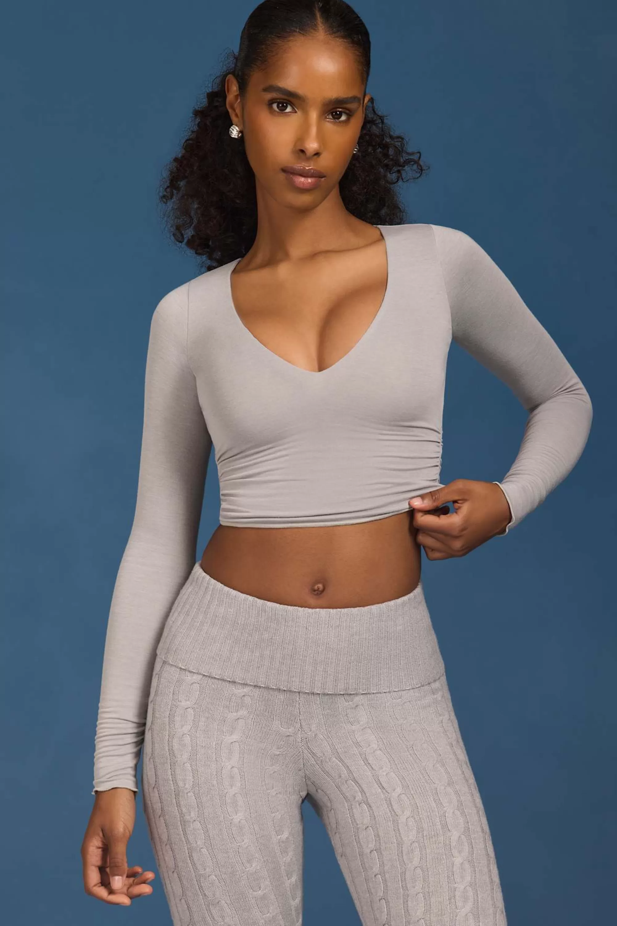 Oh Polly Ruched Long-Sleeve Crop Top in Grey Clearance