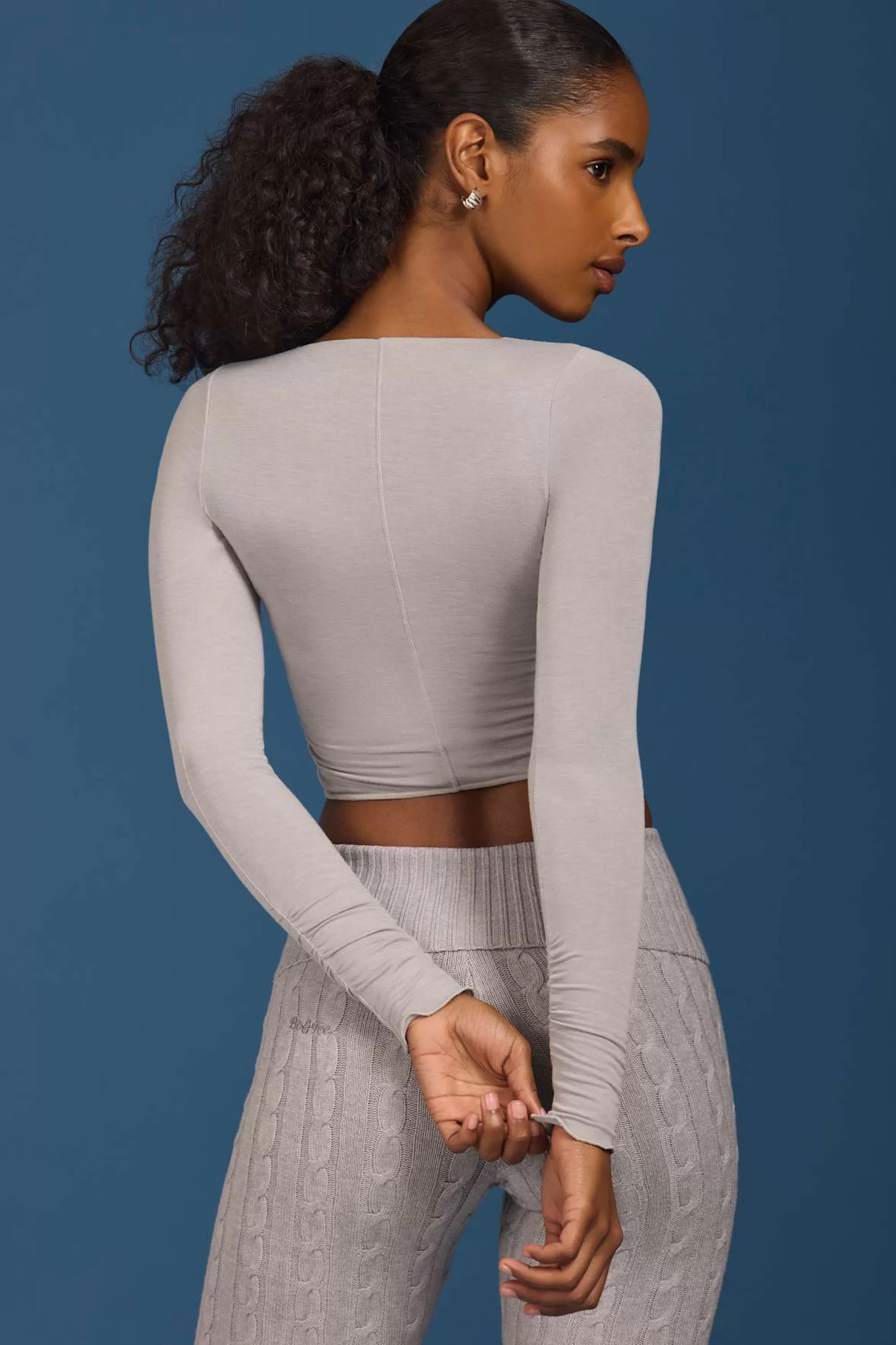 Oh Polly Ruched Long-Sleeve Crop Top in Grey Clearance