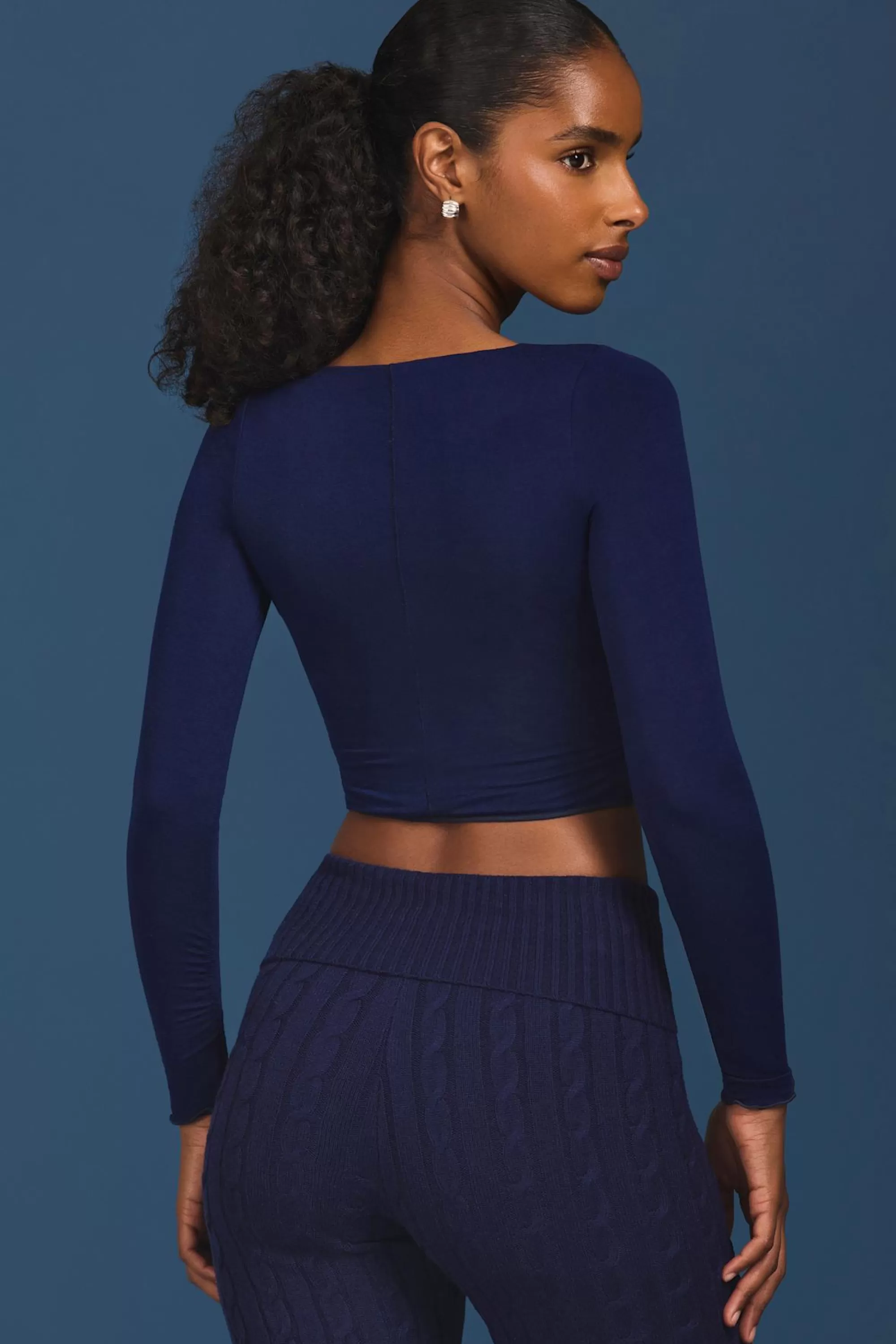 Oh Polly Ruched Long-Sleeve Crop Top in Navy Cheap