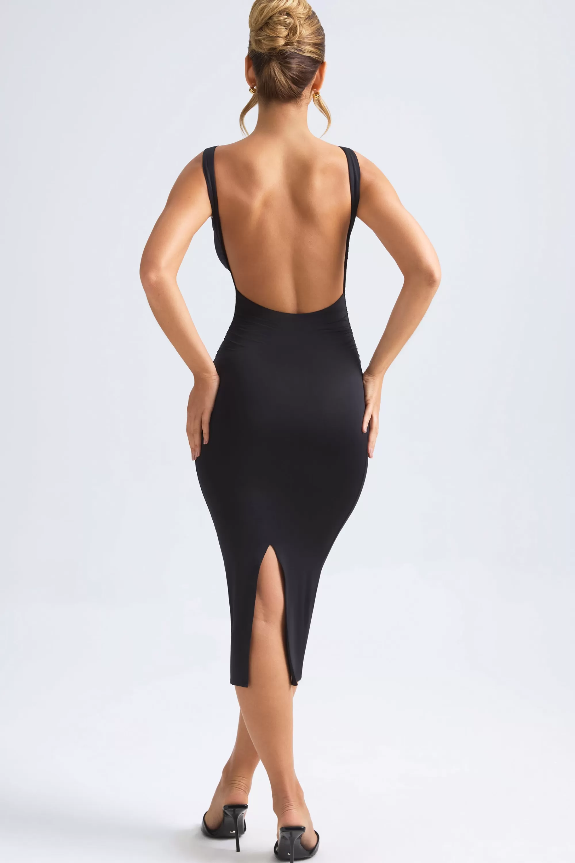 Oh Polly Ruched Open-Back Midaxi Dress in Black Cheap