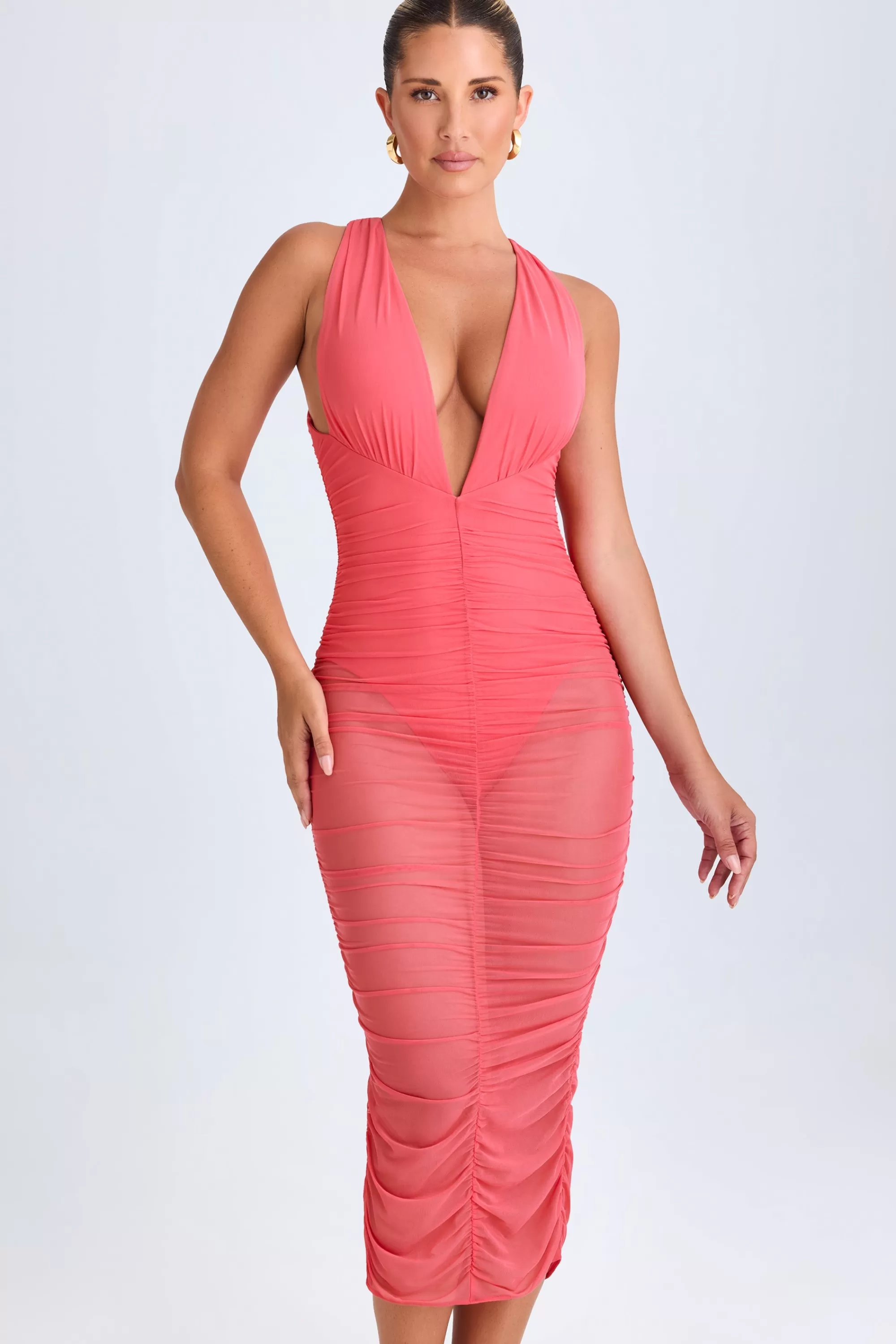 Oh Polly Ruched Plunge Midaxi Dress in Coral Cheap