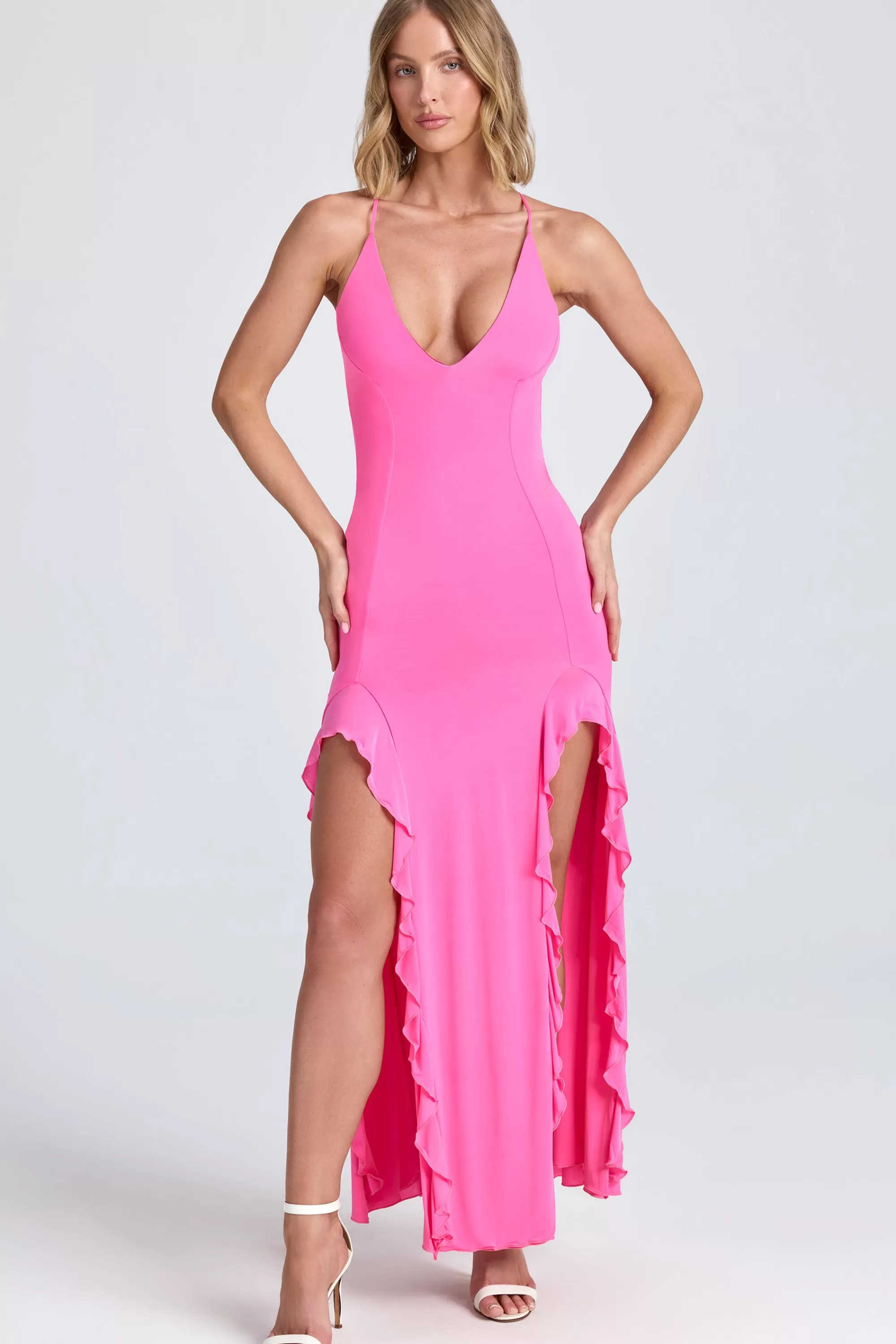 Oh Polly Ruched Ruffle-Trim Maxi Dress in Lollipop Pink LollipopPink Shop