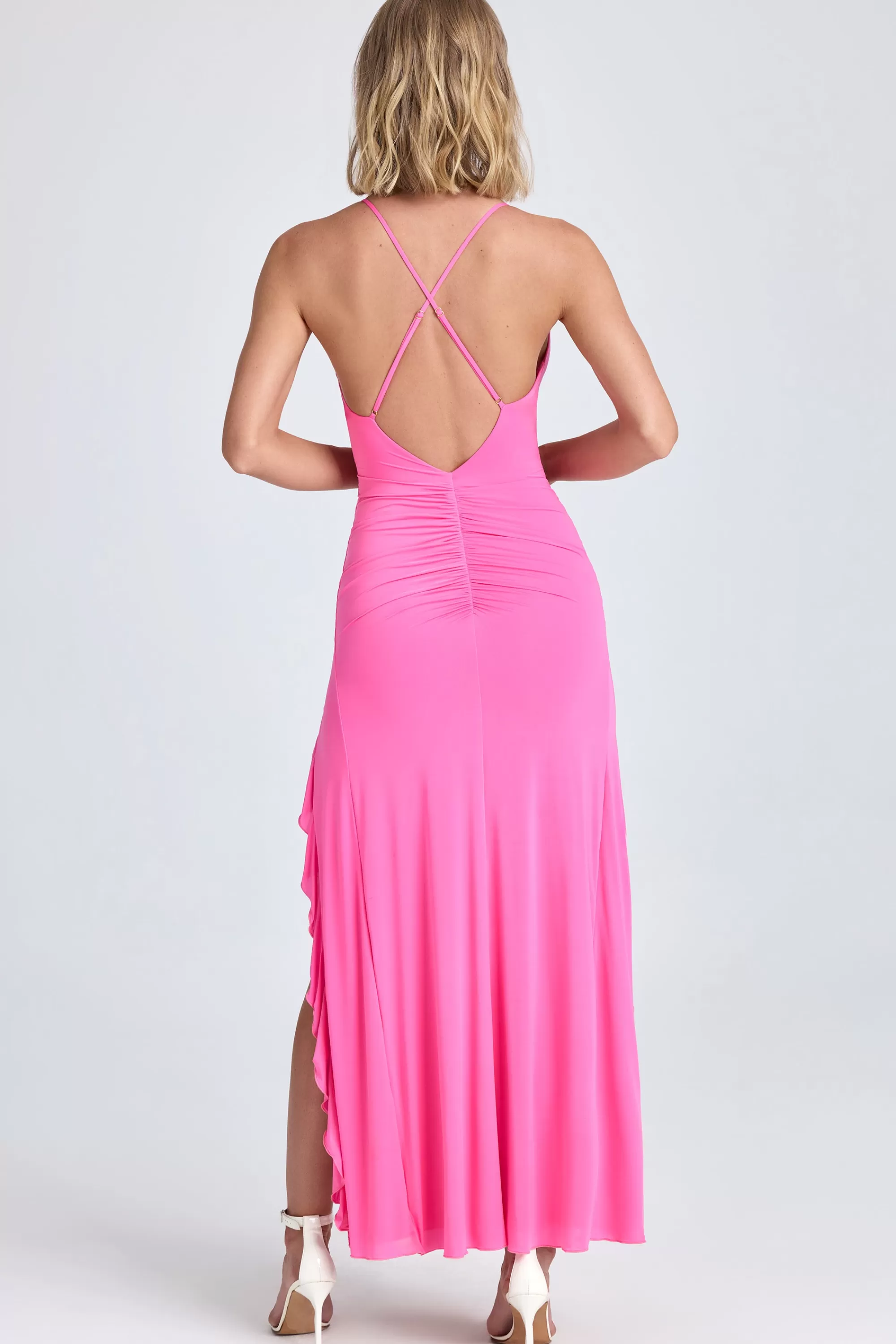 Oh Polly Ruched Ruffle-Trim Maxi Dress in Lollipop Pink LollipopPink Shop