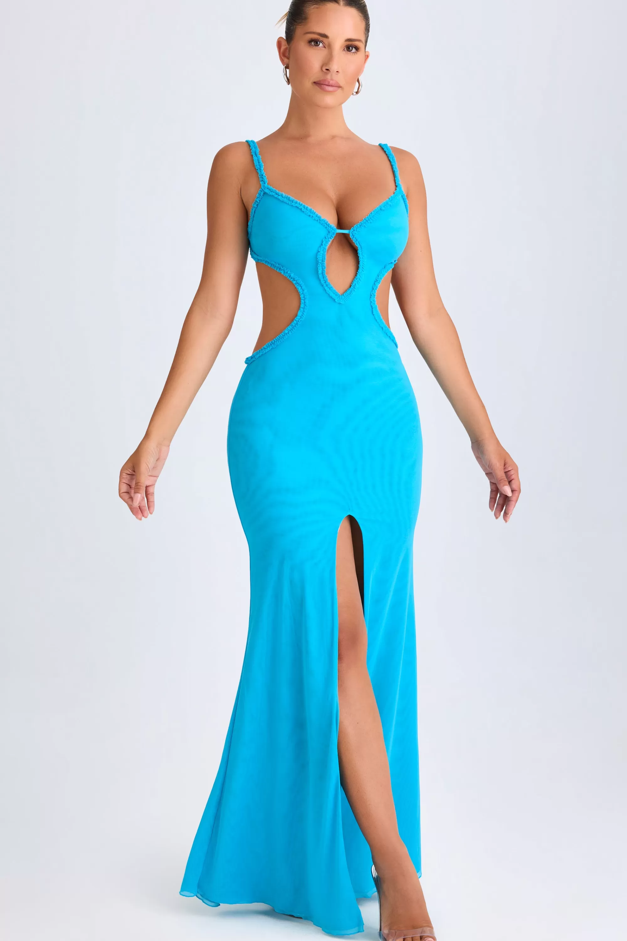 Oh Polly Ruffle-Appliqué Cut-Out Maxi Dress in Aqua Blue AquaBlue Online