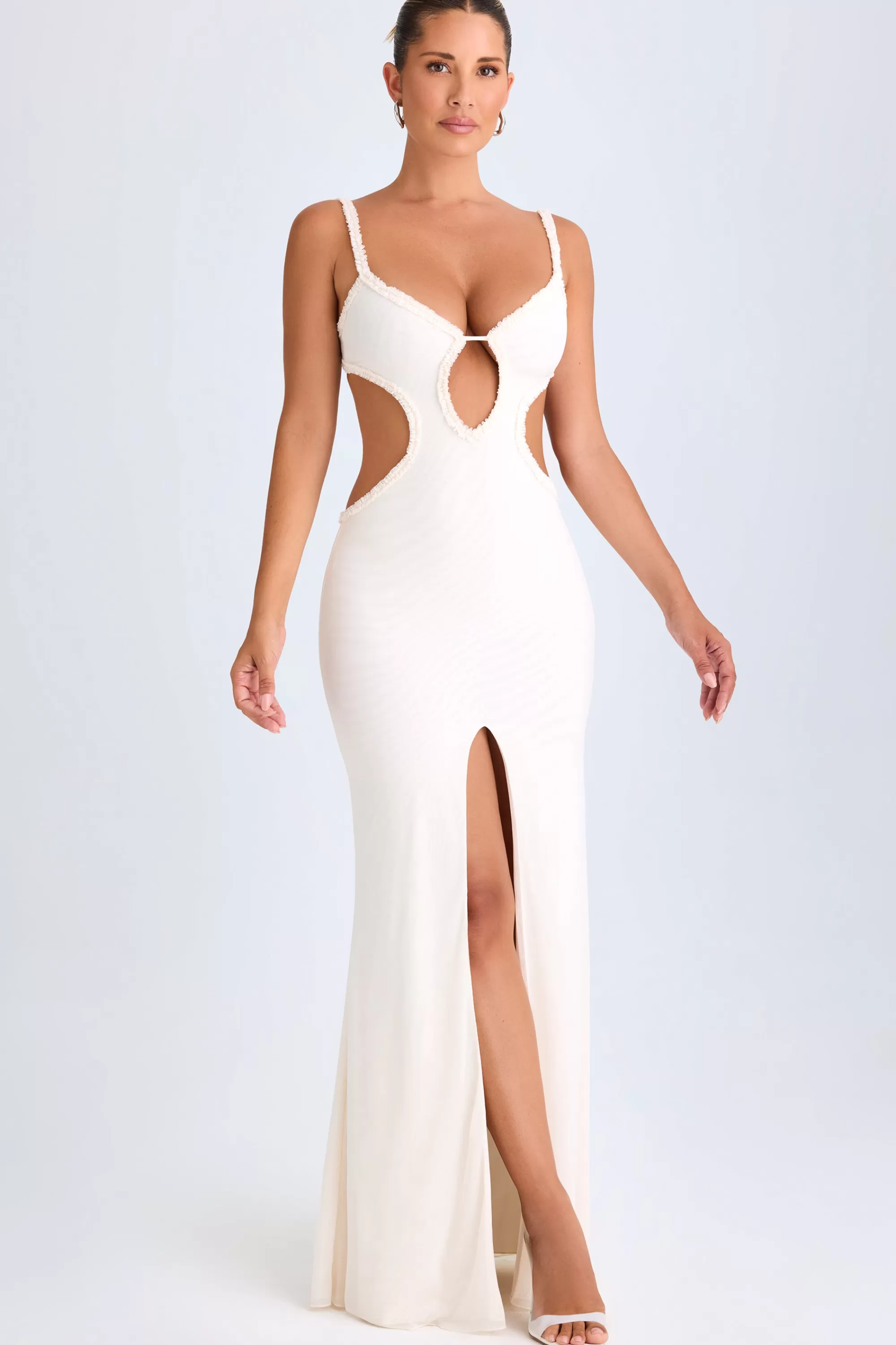 Oh Polly Ruffle-Appliqué Cut-Out Maxi Dress in White Outlet