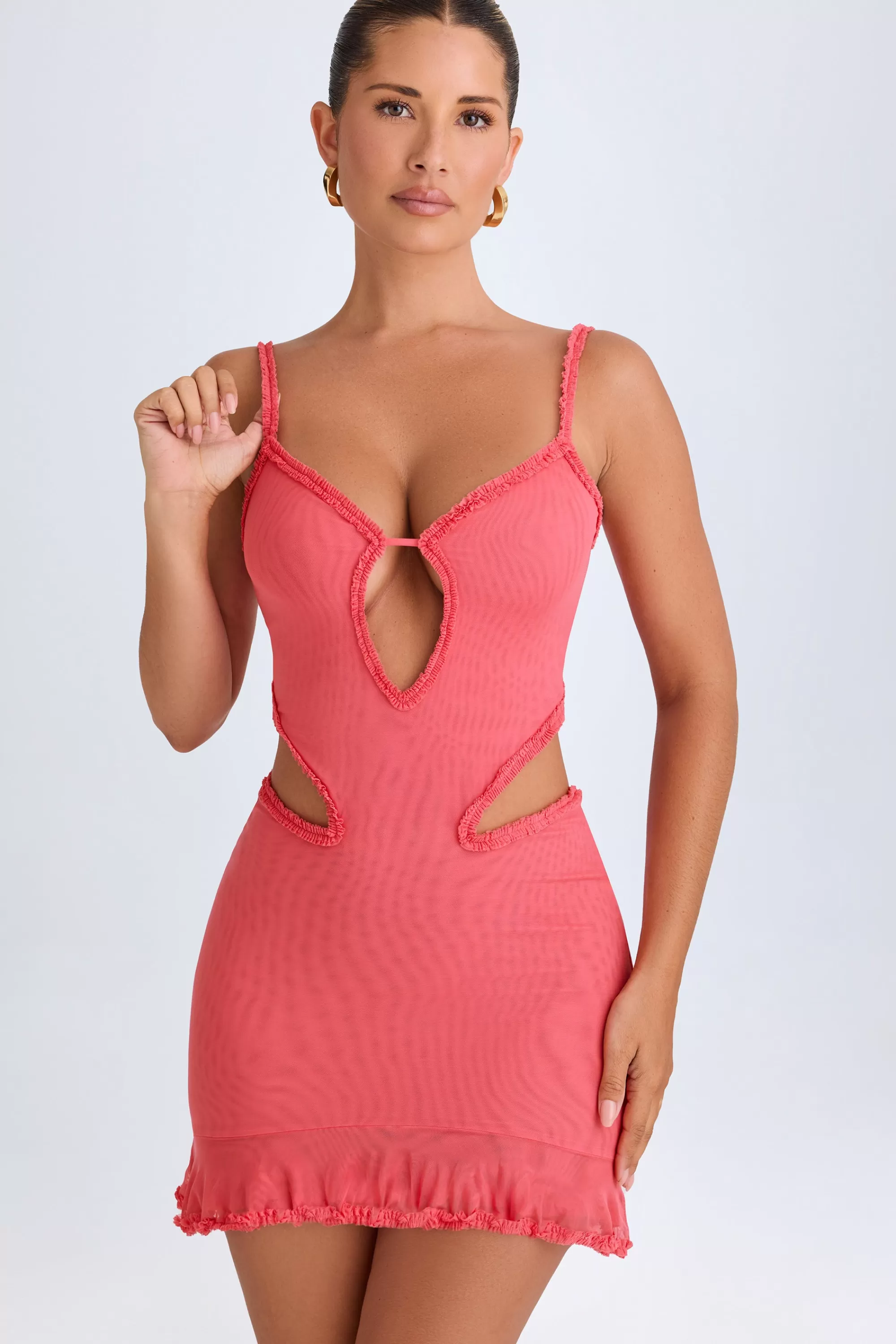 Oh Polly Ruffle-Appliqué Cut-Out Mini Dress in Coral Shop