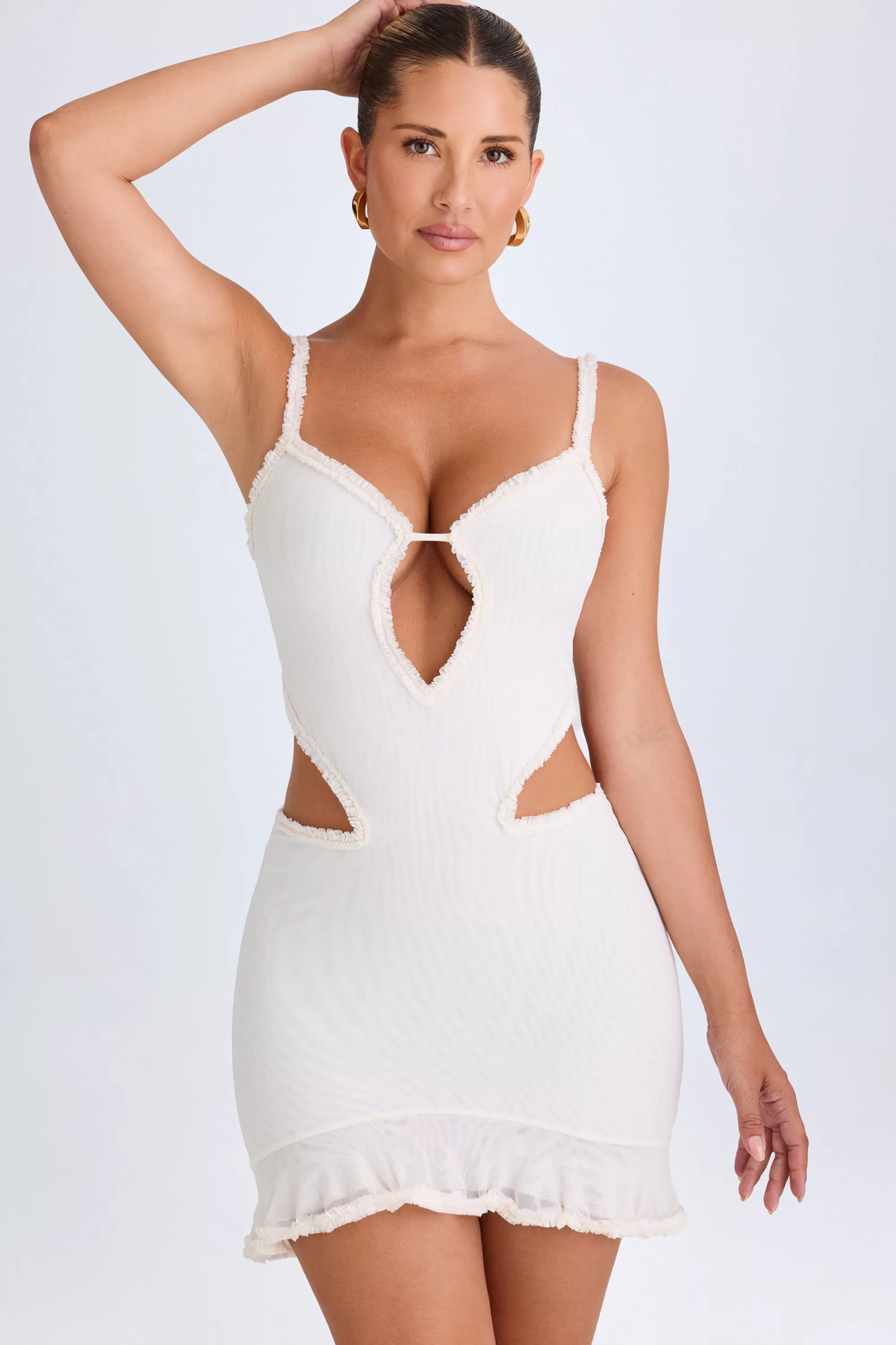 Oh Polly Ruffle-Appliqué Cut-Out Mini Dress in White Cheap