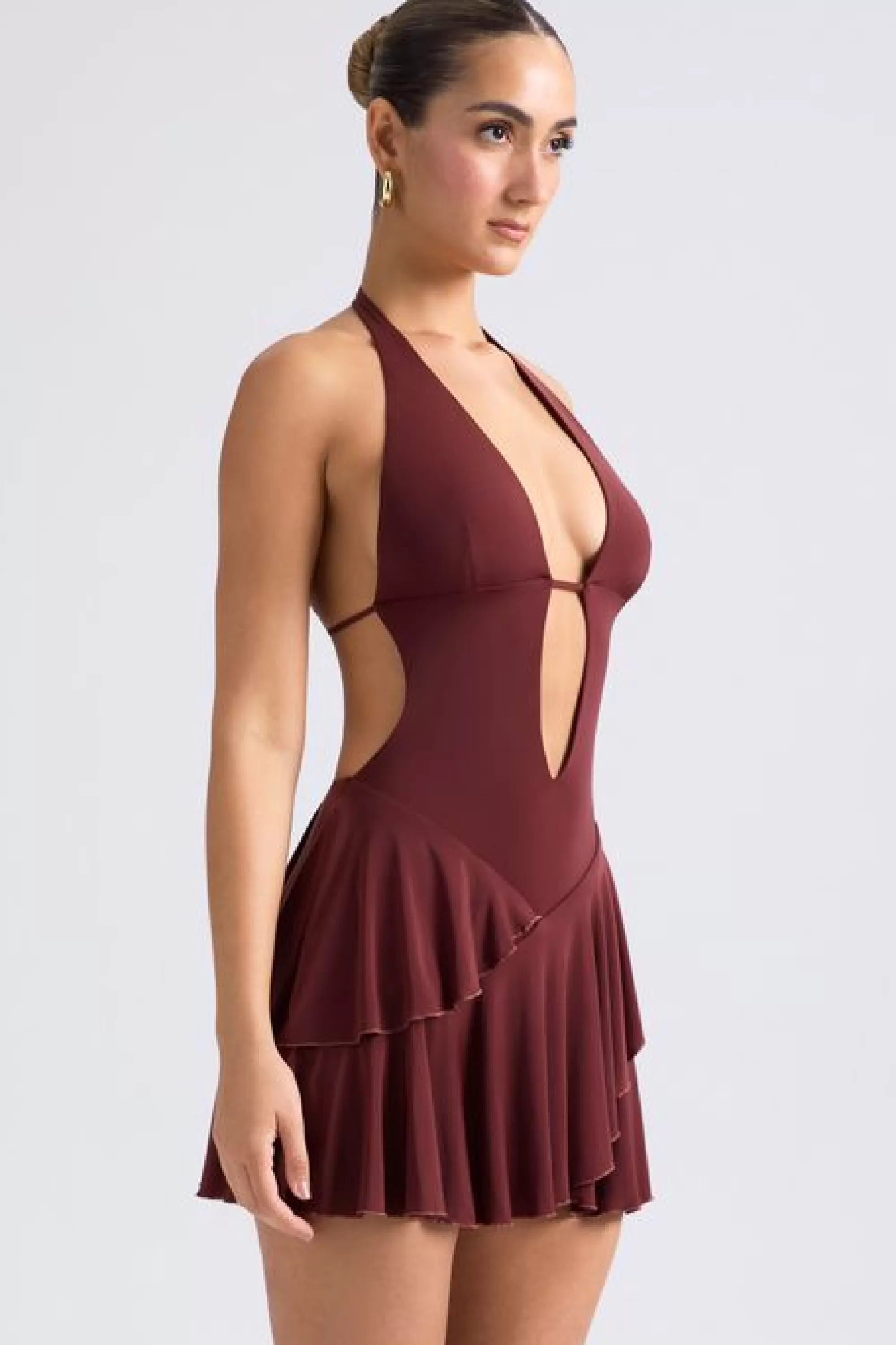 Oh Polly Ruffled Cut-Out Halterneck Mini Dress in Chestnut Brown ChestnutBrown Discount