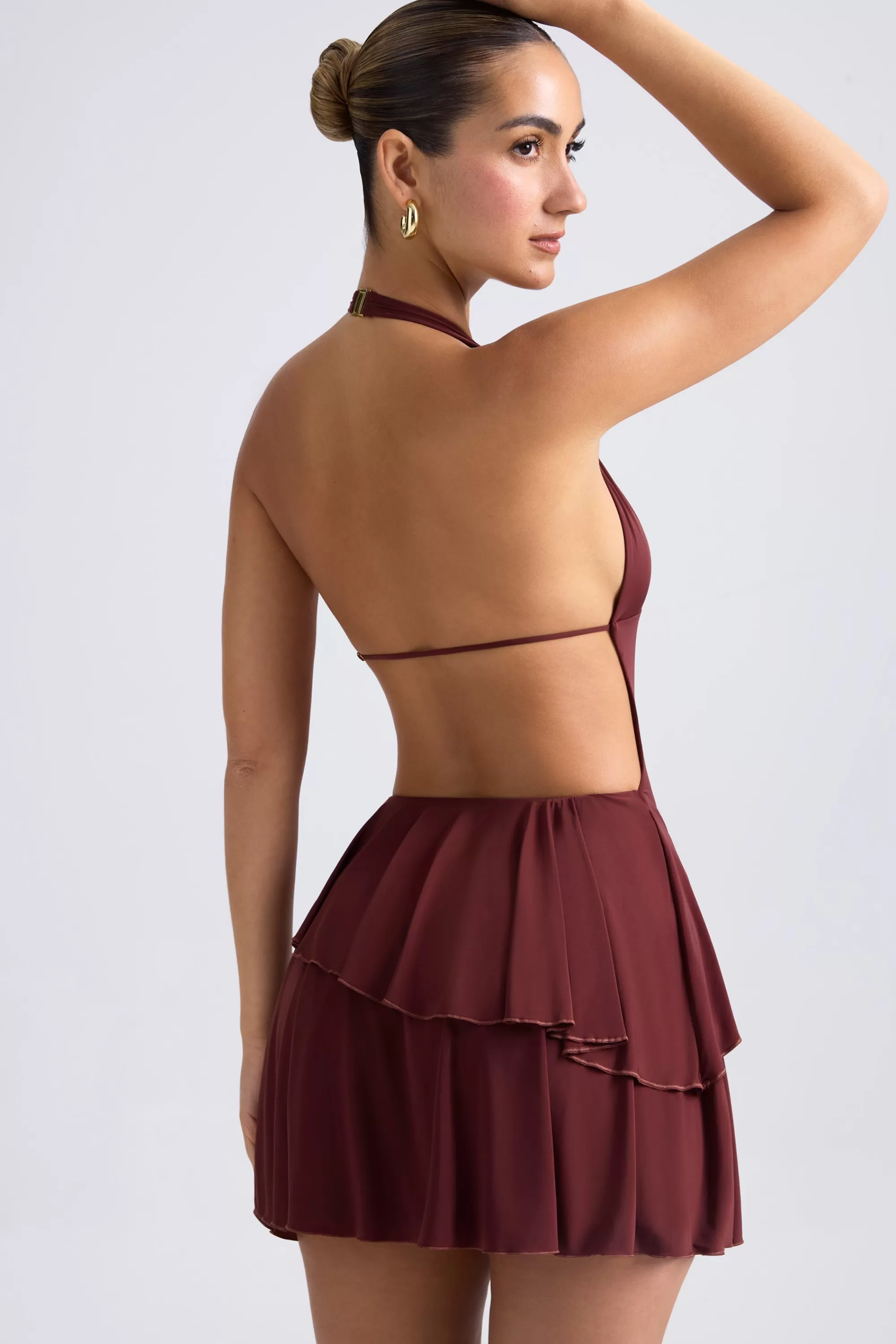 Oh Polly Ruffled Cut-Out Halterneck Mini Dress in Chestnut Brown ChestnutBrown Discount