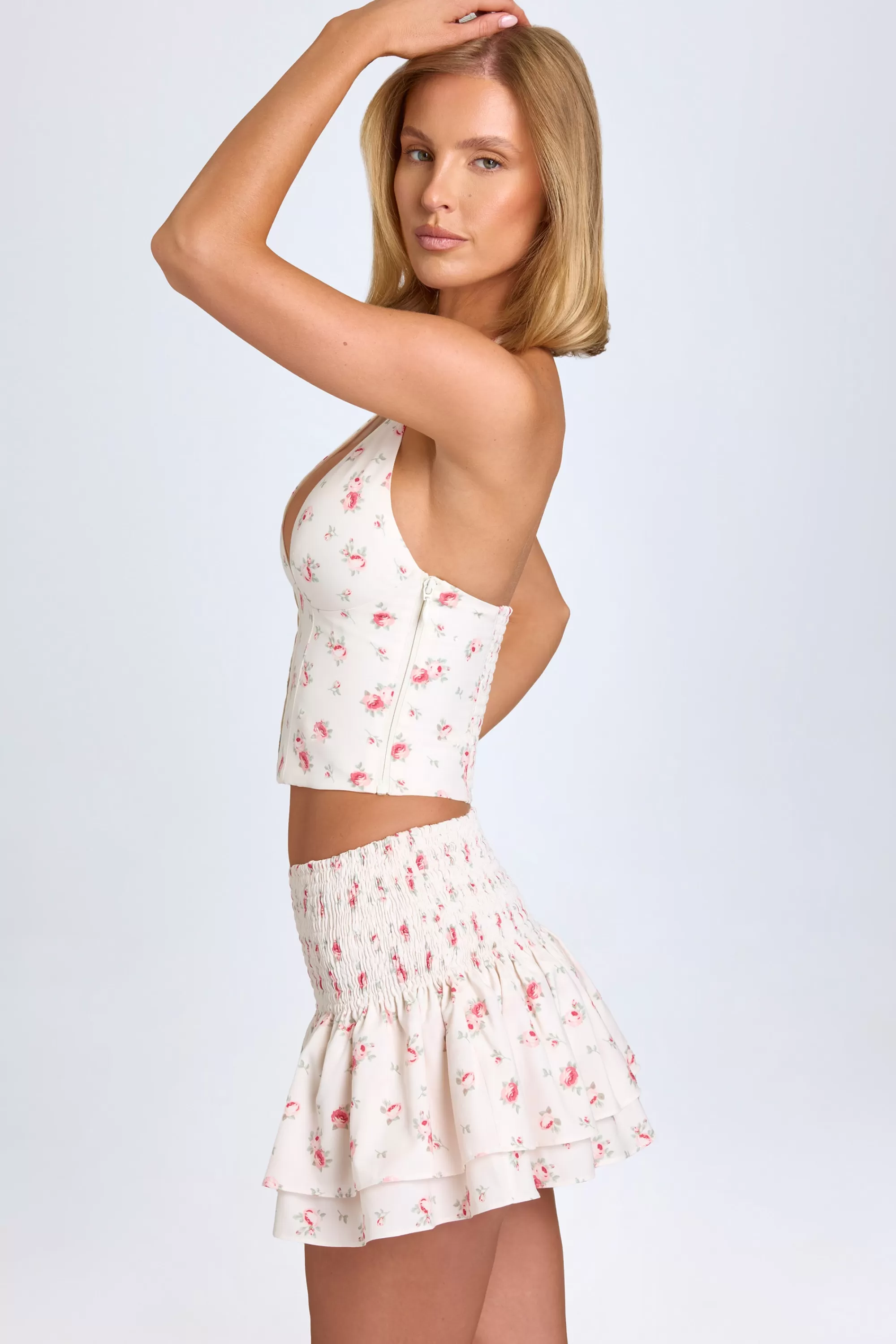 Oh Polly Ruffled Shirred Low-Rise Micro Mini Skirt in Small Rose Print SmallRosePrint Fashion