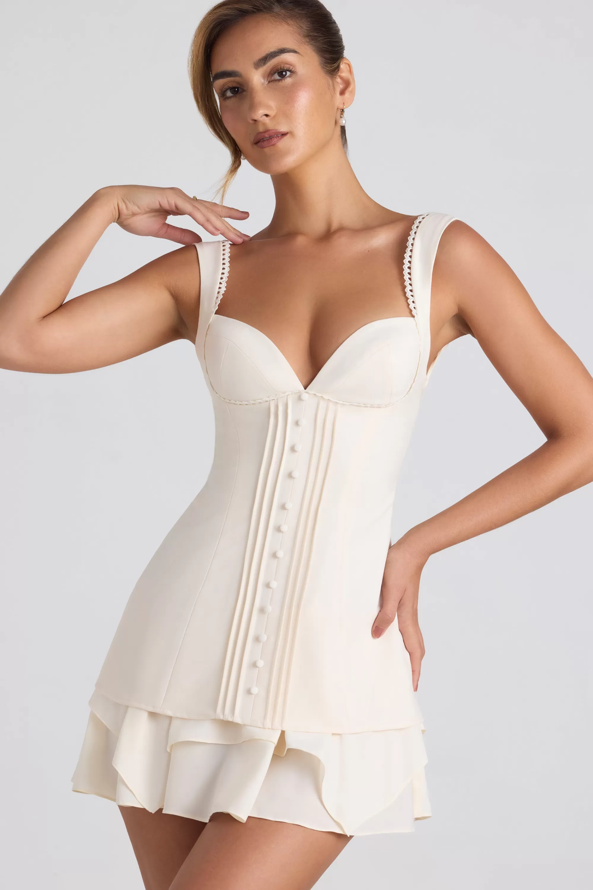 Oh Polly Ruffle-Trim Button-Detail Corset Mini Dress in Ivory Best Sale