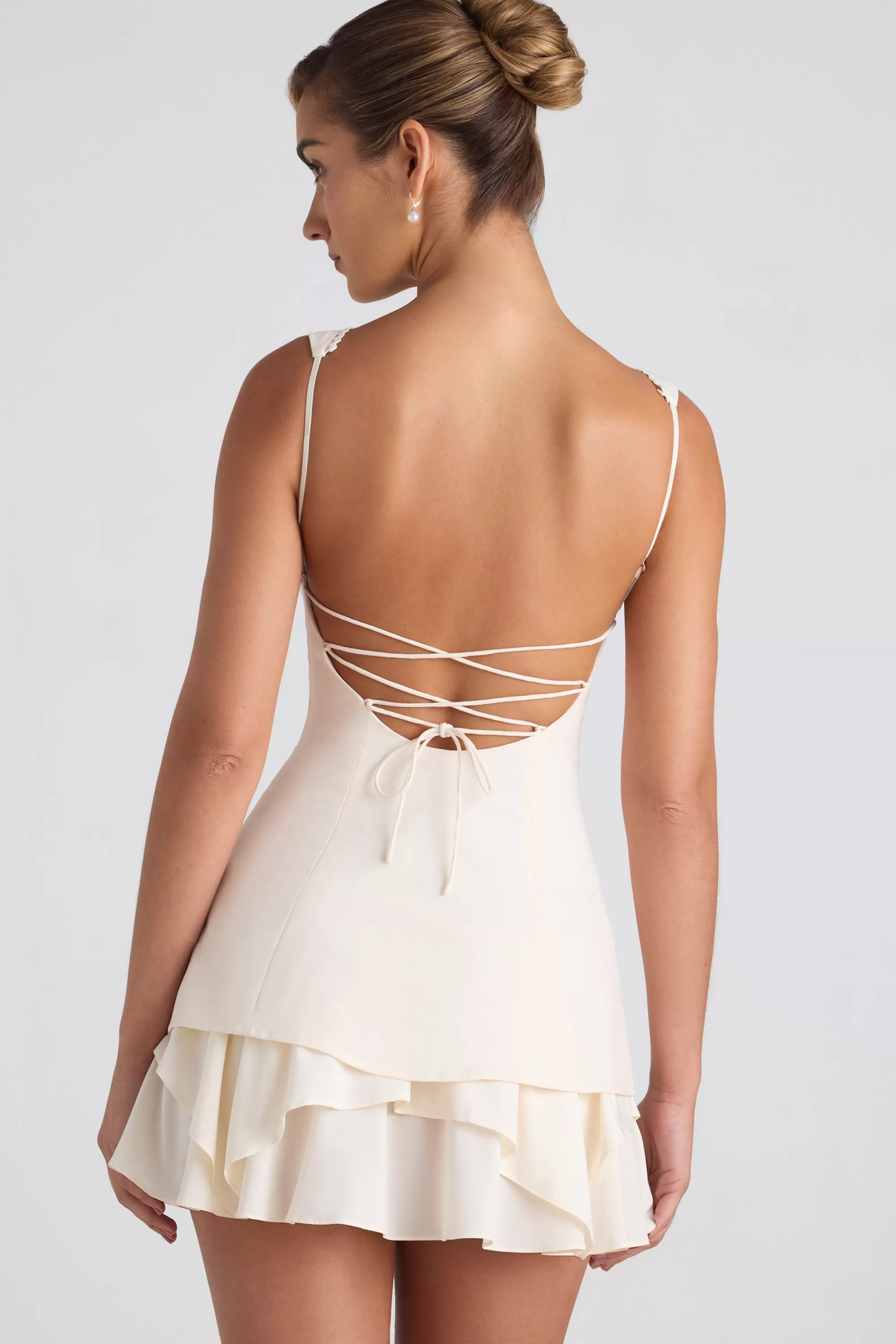 Oh Polly Ruffle-Trim Button-Detail Corset Mini Dress in Ivory Best Sale