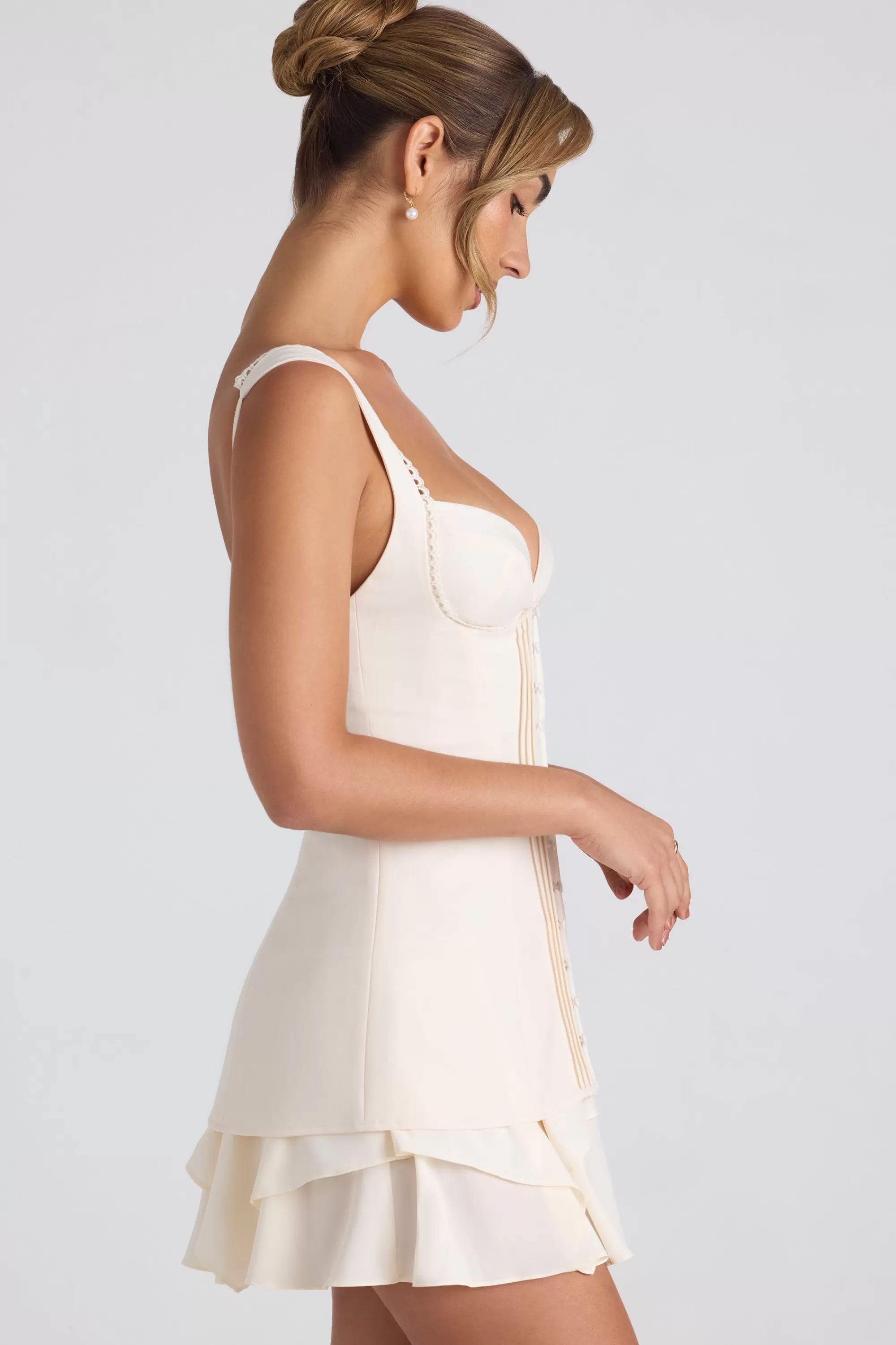 Oh Polly Ruffle-Trim Button-Detail Corset Mini Dress in Ivory Best Sale