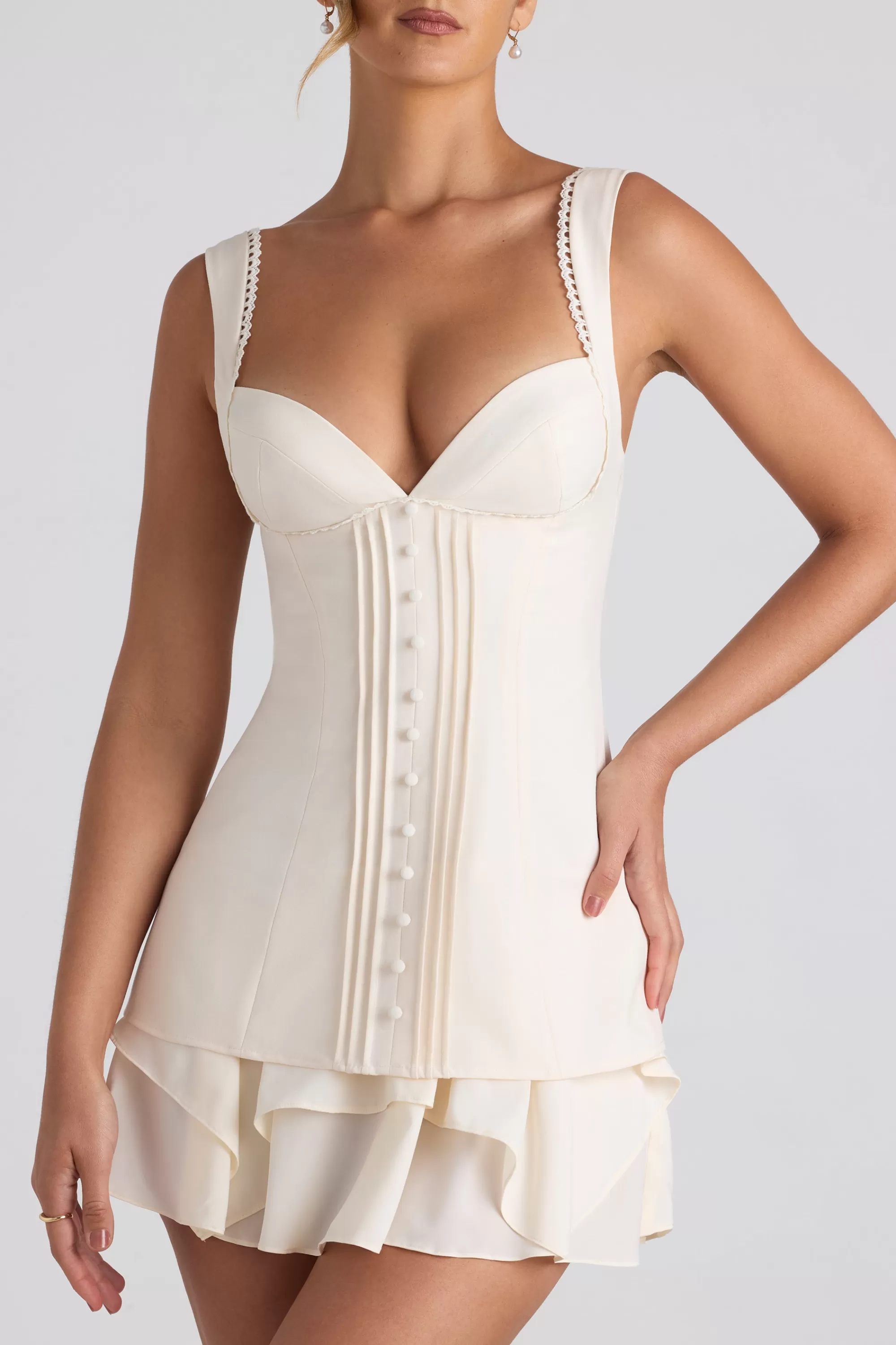 Oh Polly Ruffle-Trim Button-Detail Corset Mini Dress in Ivory Best Sale