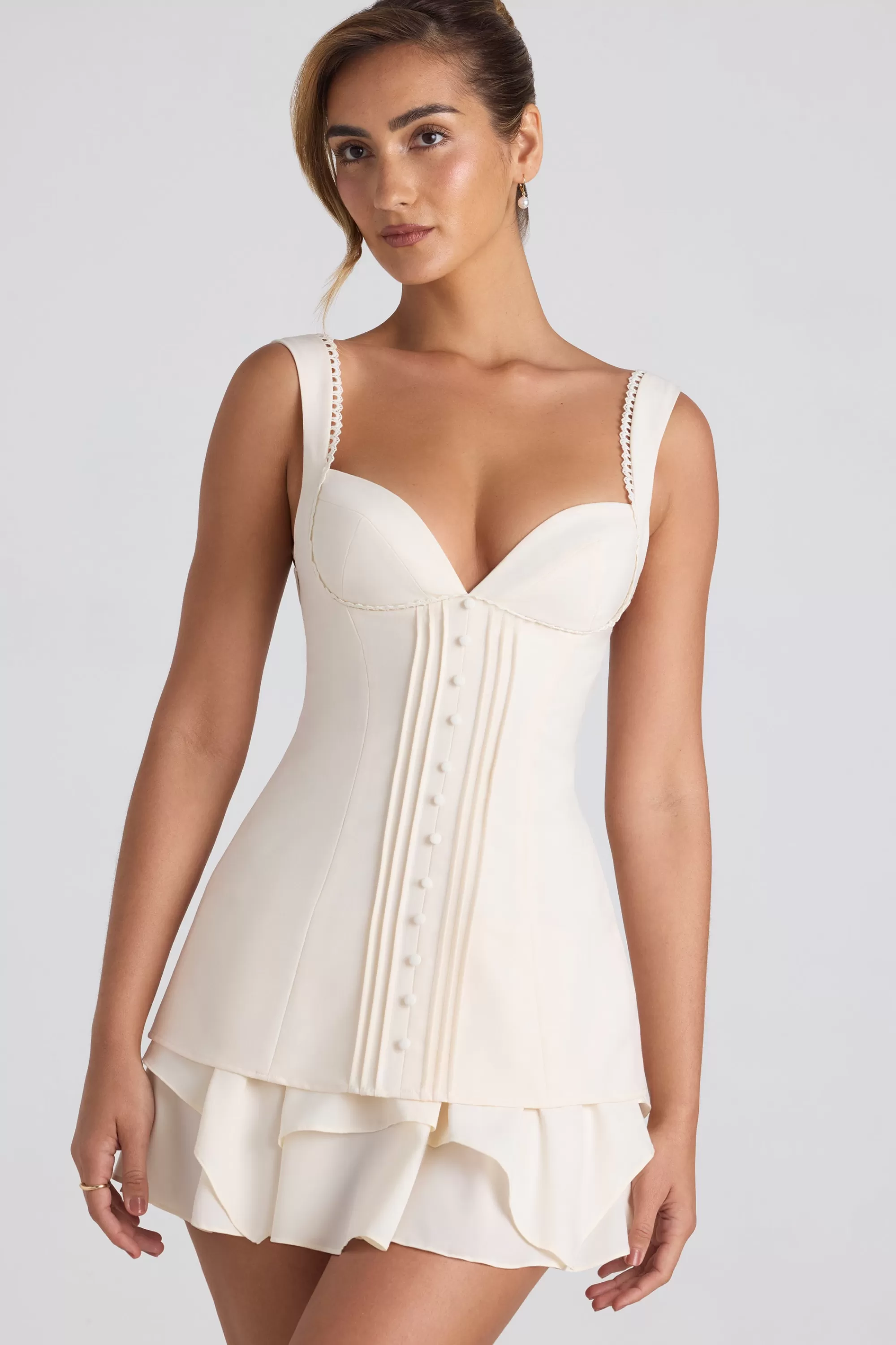 Oh Polly Ruffle-Trim Button-Detail Corset Mini Dress in Ivory Best Sale