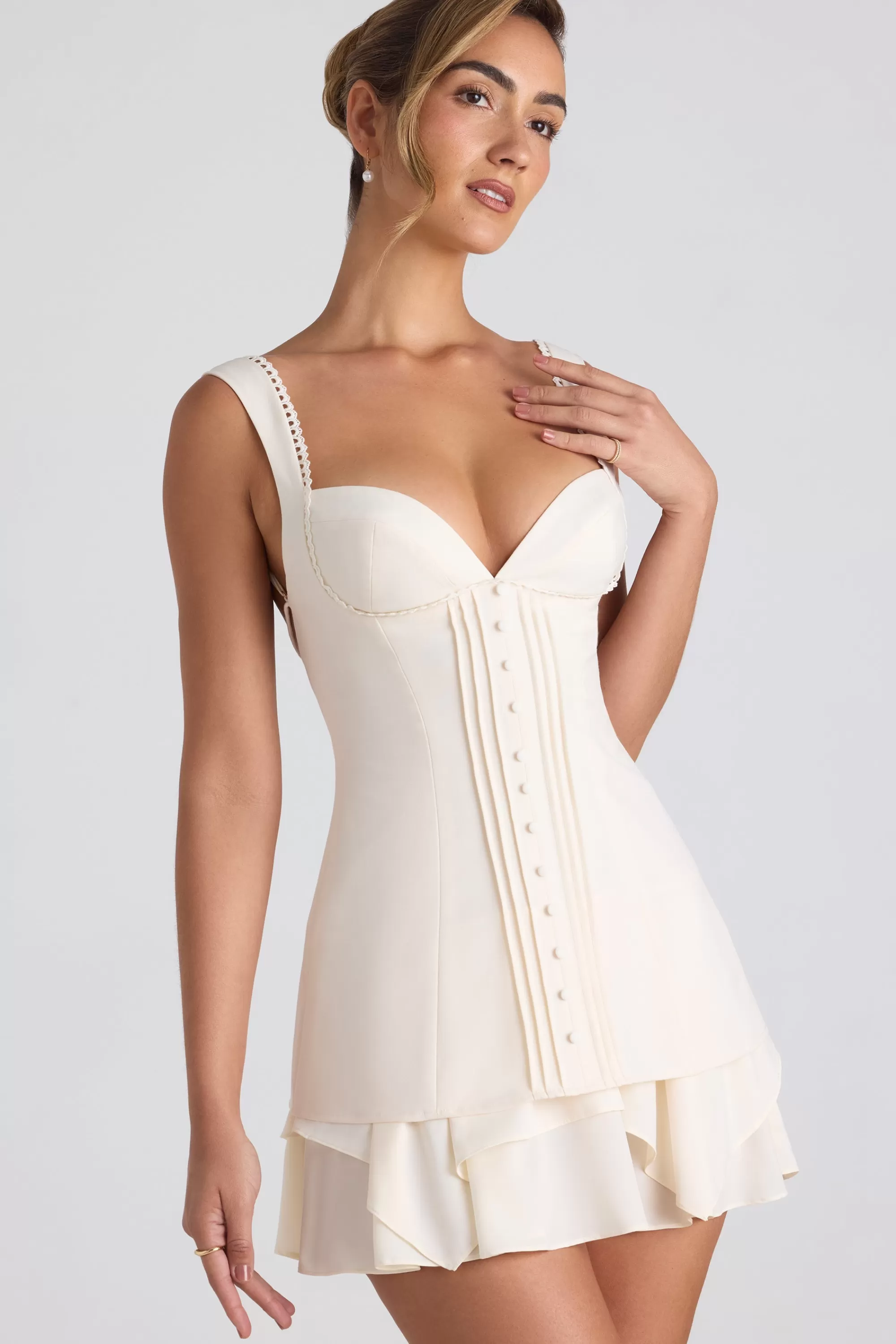 Oh Polly Ruffle-Trim Button-Detail Corset Mini Dress in Ivory Best Sale