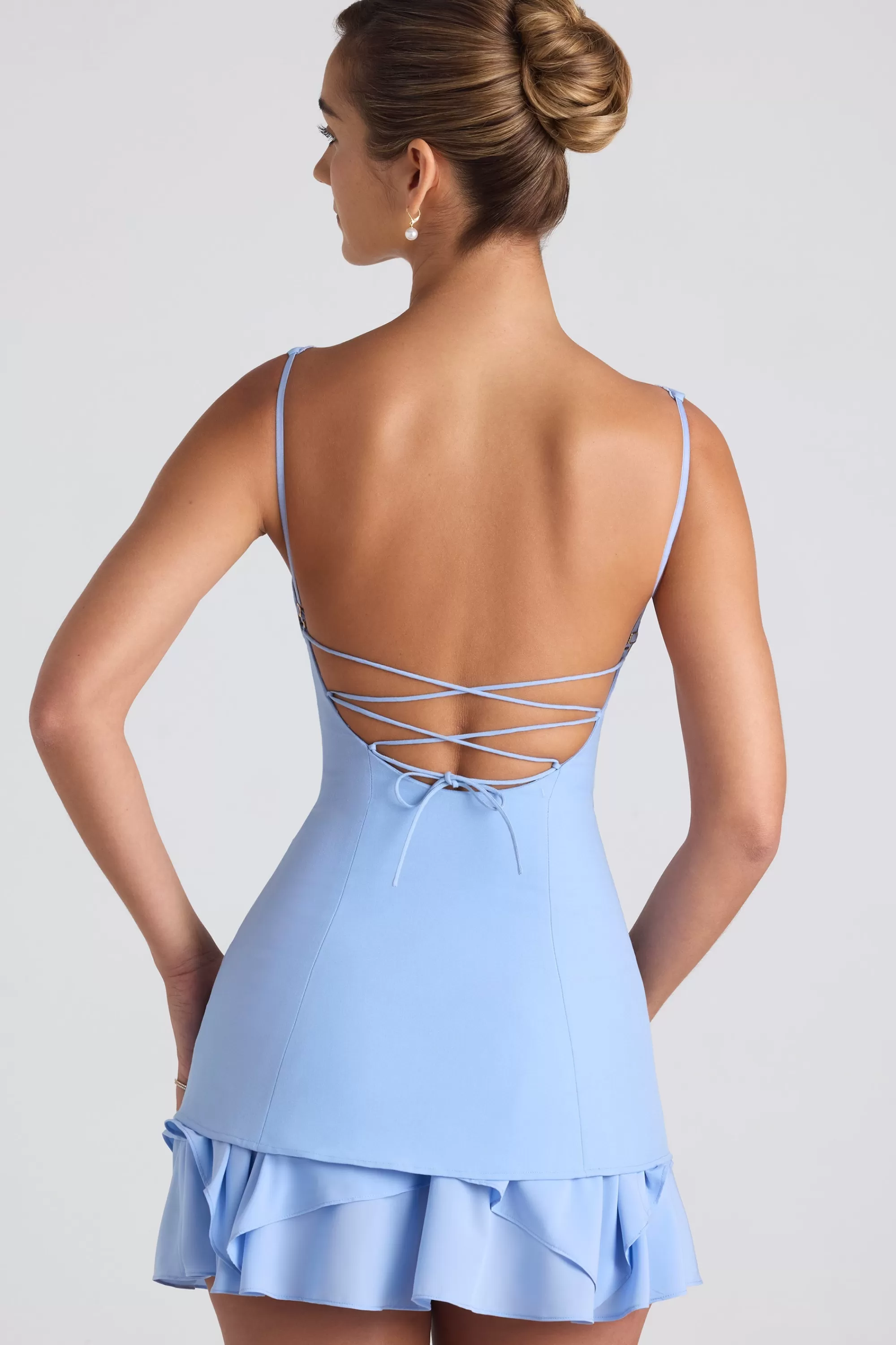 Oh Polly Ruffle-Trim Button-Detail Corset Mini Dress in Sky Blue SkyBlue Discount