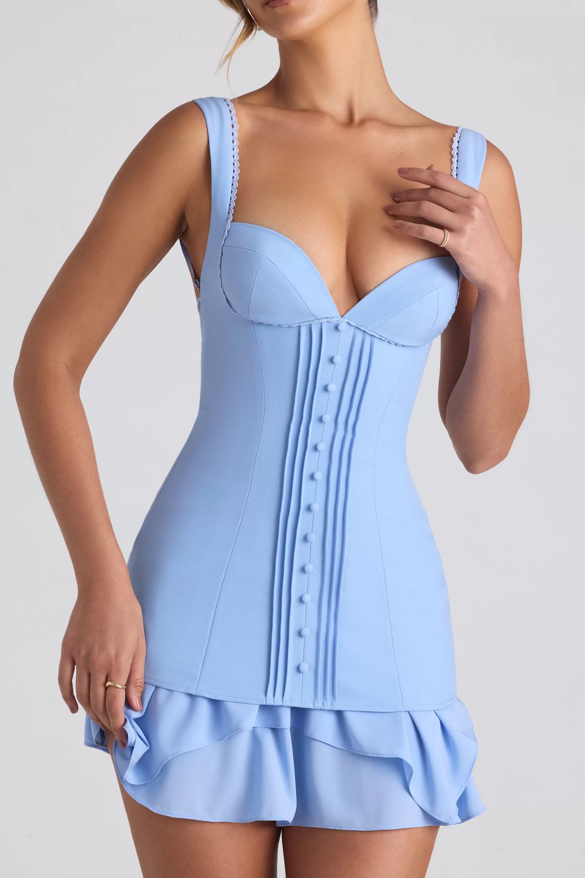 Oh Polly Ruffle-Trim Button-Detail Corset Mini Dress in Sky Blue SkyBlue Discount
