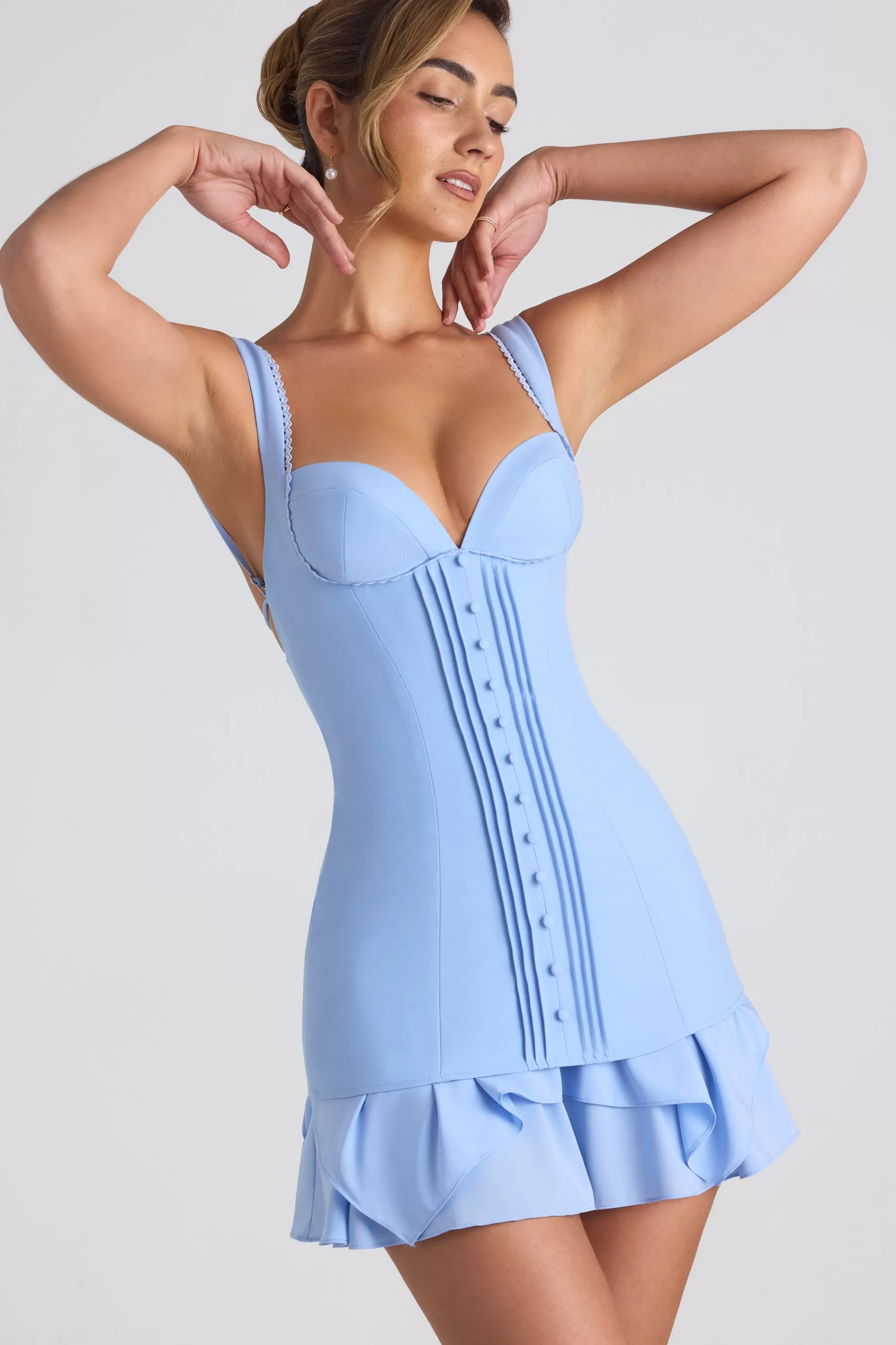 Oh Polly Ruffle-Trim Button-Detail Corset Mini Dress in Sky Blue SkyBlue Discount