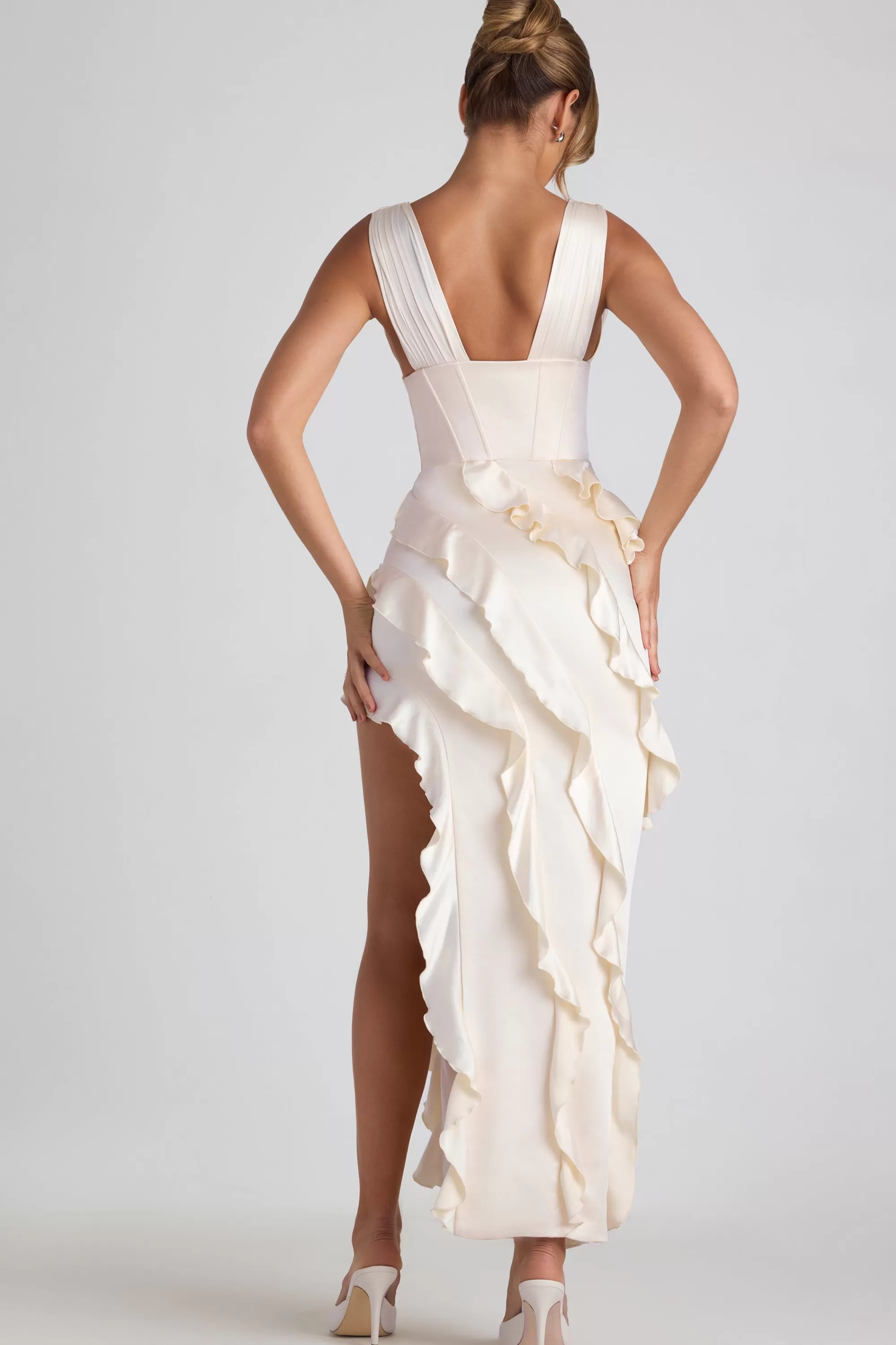 Oh Polly Ruffle-Trim Corset Maxi Dress in Ivory Store