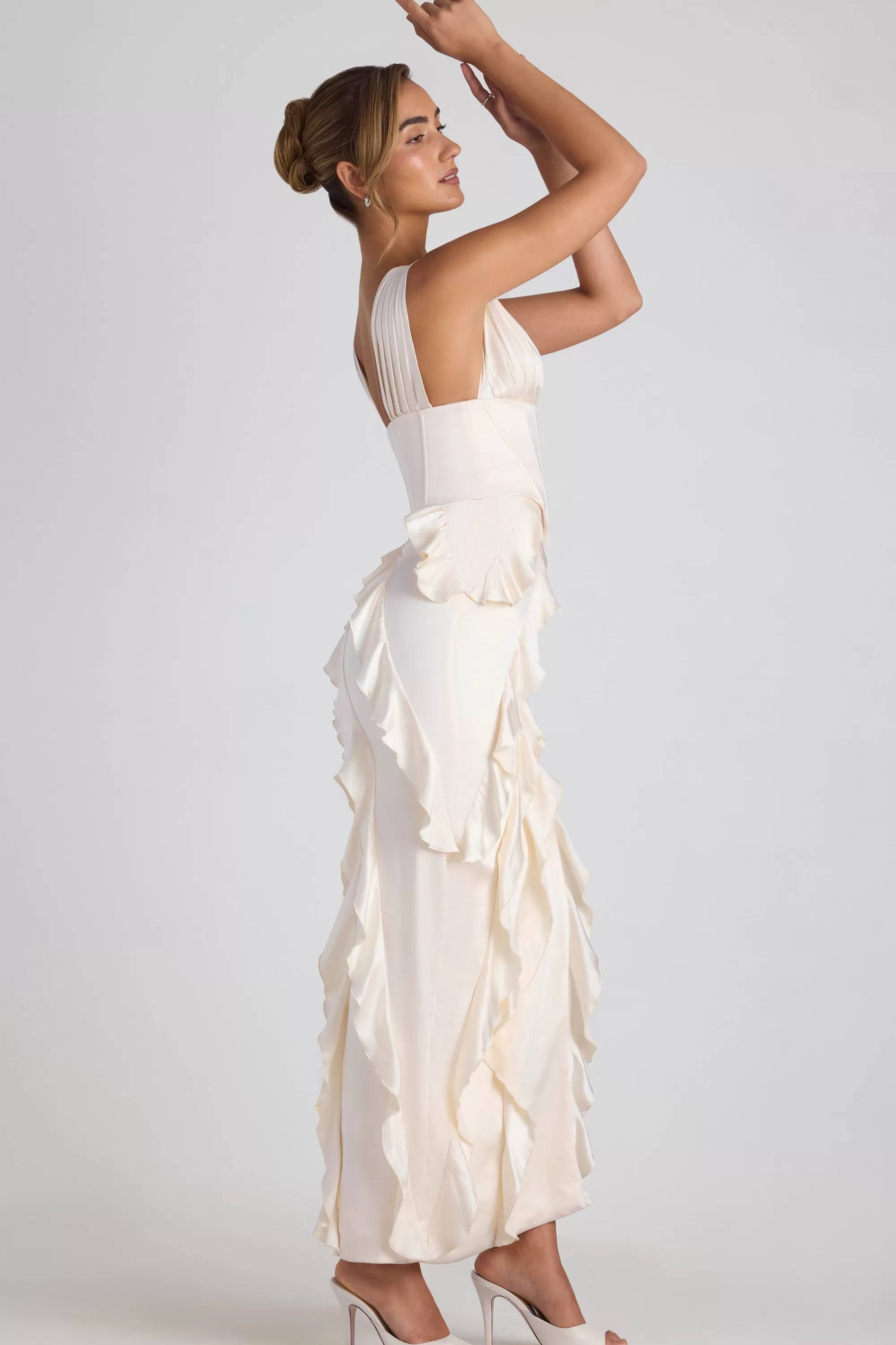 Oh Polly Ruffle-Trim Corset Maxi Dress in Ivory Store