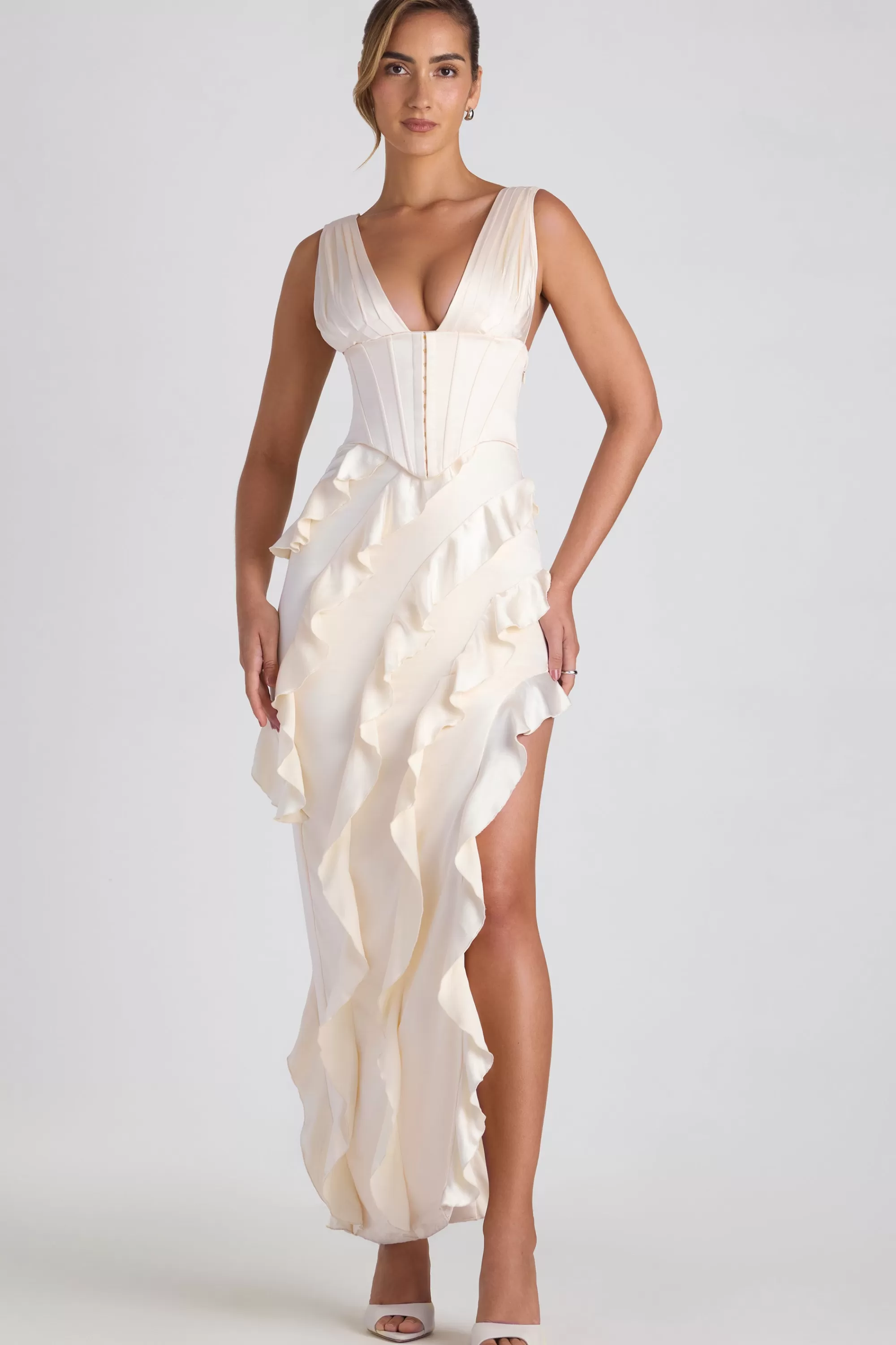 Oh Polly Ruffle-Trim Corset Maxi Dress in Ivory Store
