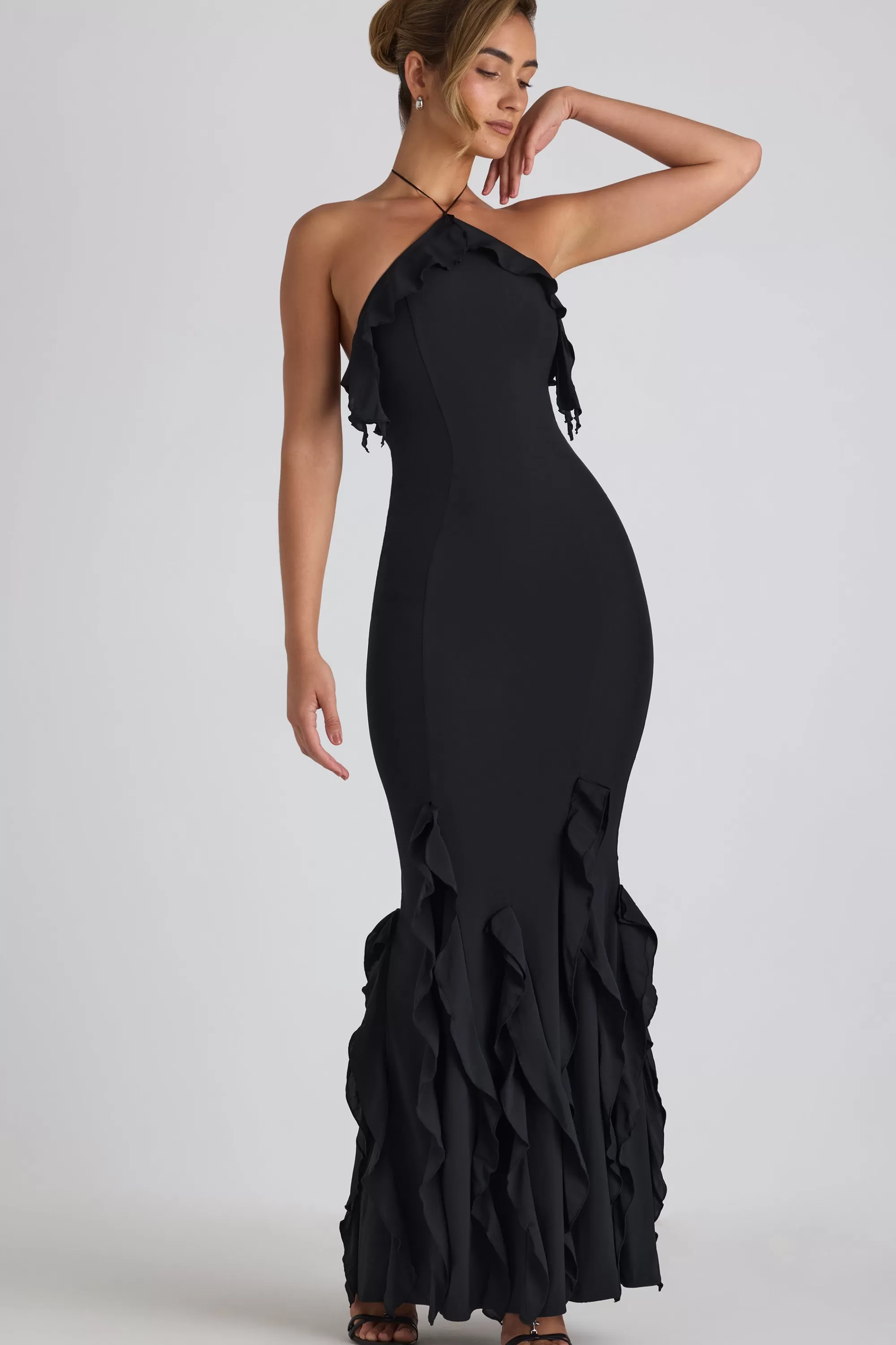 Oh Polly Ruffle-Trim Halterneck Gown in Black Flash Sale