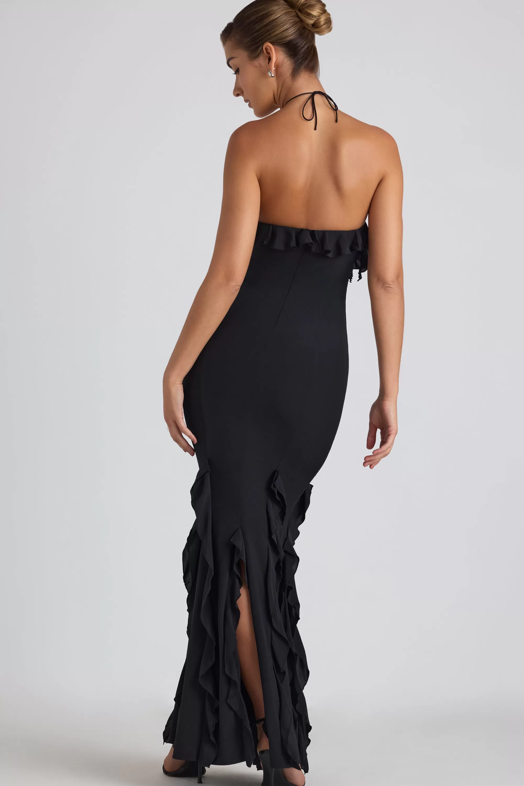 Oh Polly Ruffle-Trim Halterneck Gown in Black Flash Sale