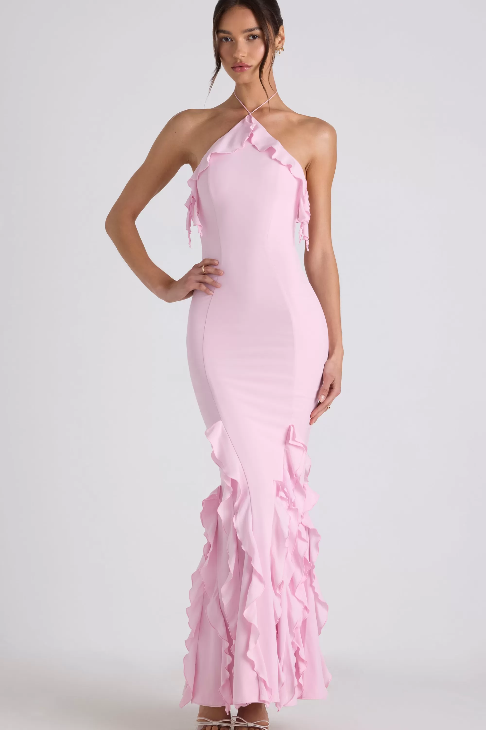 Oh Polly Ruffle-Trim Halterneck Gown in Soft Pink SoftPink Outlet