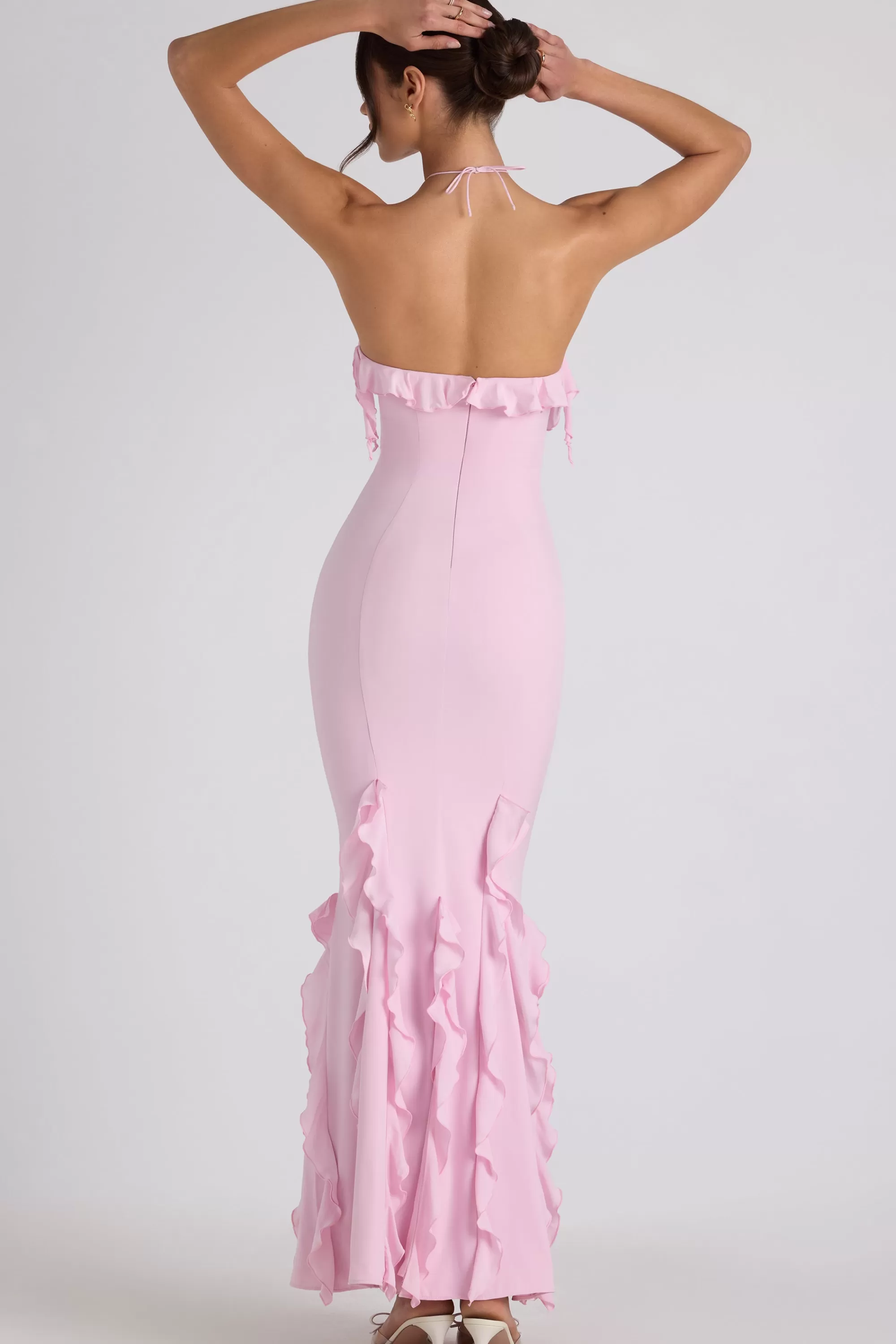 Oh Polly Ruffle-Trim Halterneck Gown in Soft Pink SoftPink Outlet