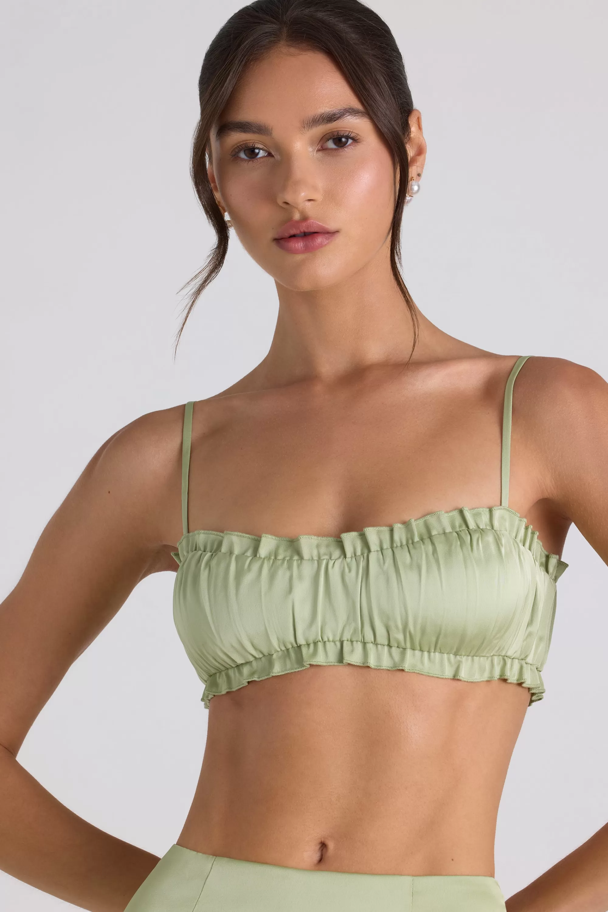 Oh Polly Ruffle-Trim Smocked Crop Top in Spring Green SpringGreen Cheap