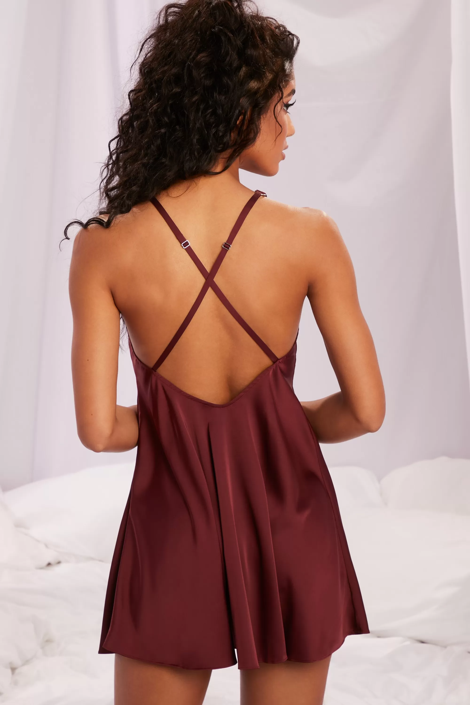 Oh Polly Satin Babydoll Mini Dress in Burgundy Flash Sale