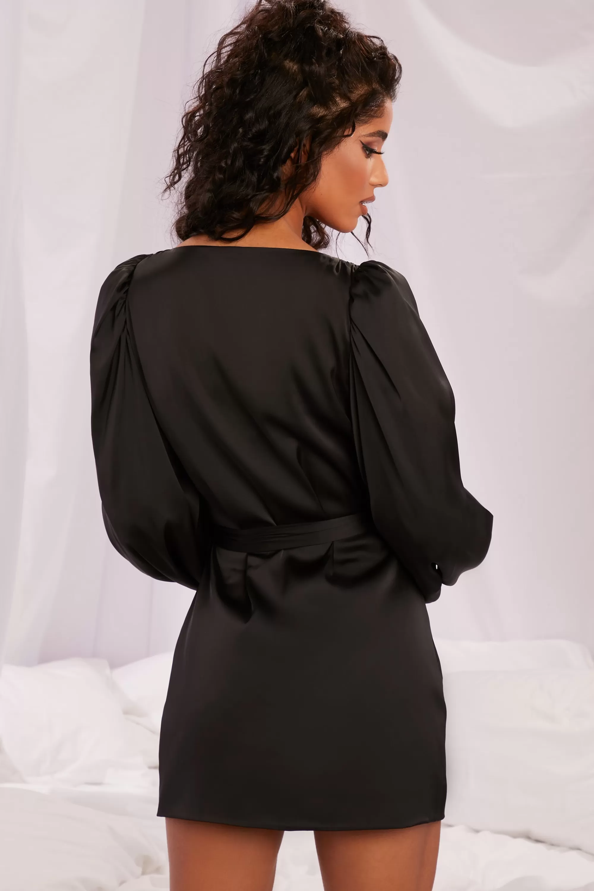 Oh Polly Satin Balloon Sleeve Robe in Black Store