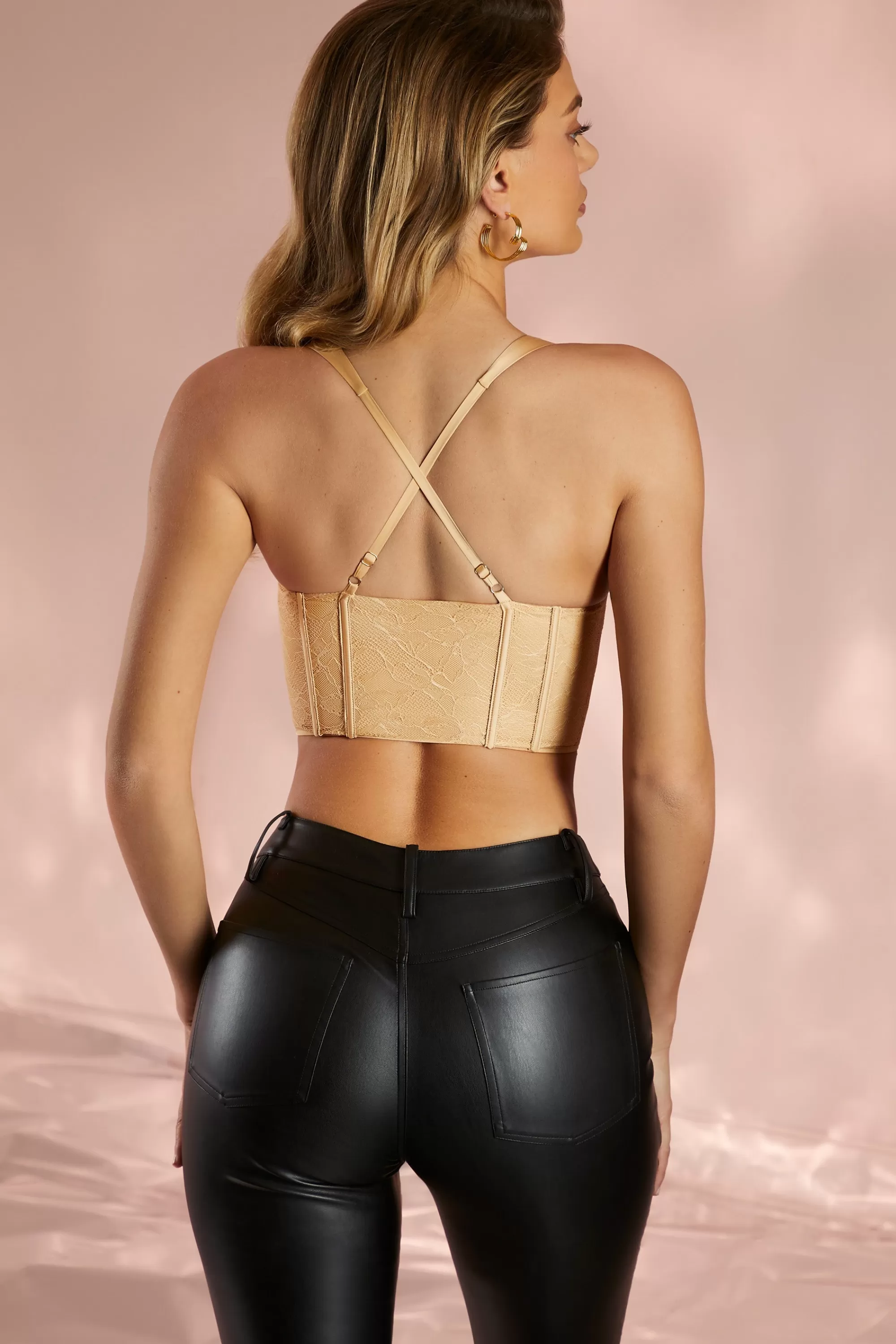 Oh Polly Satin Lace Corset Crop Top in Sand New
