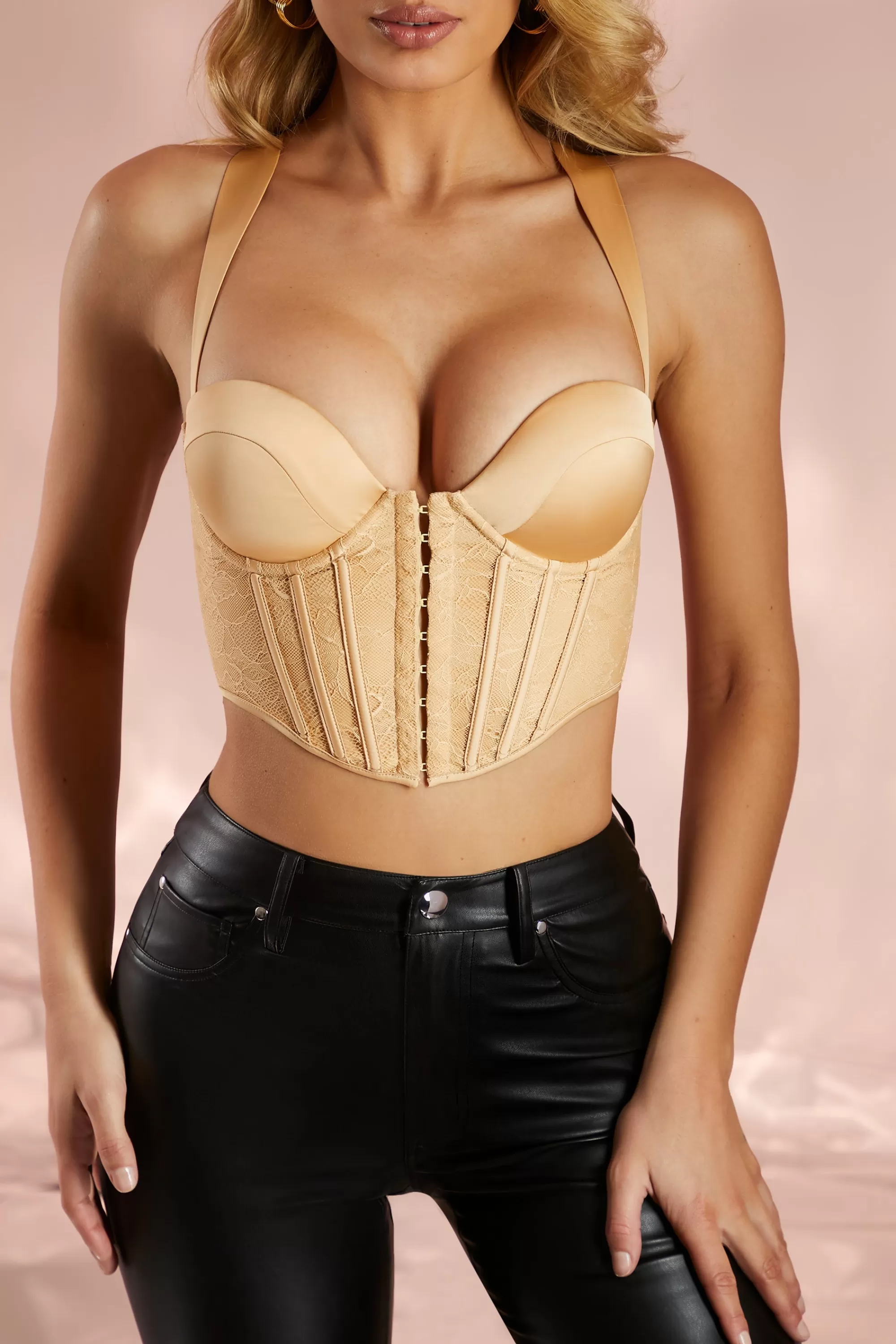 Oh Polly Satin Lace Corset Crop Top in Sand New