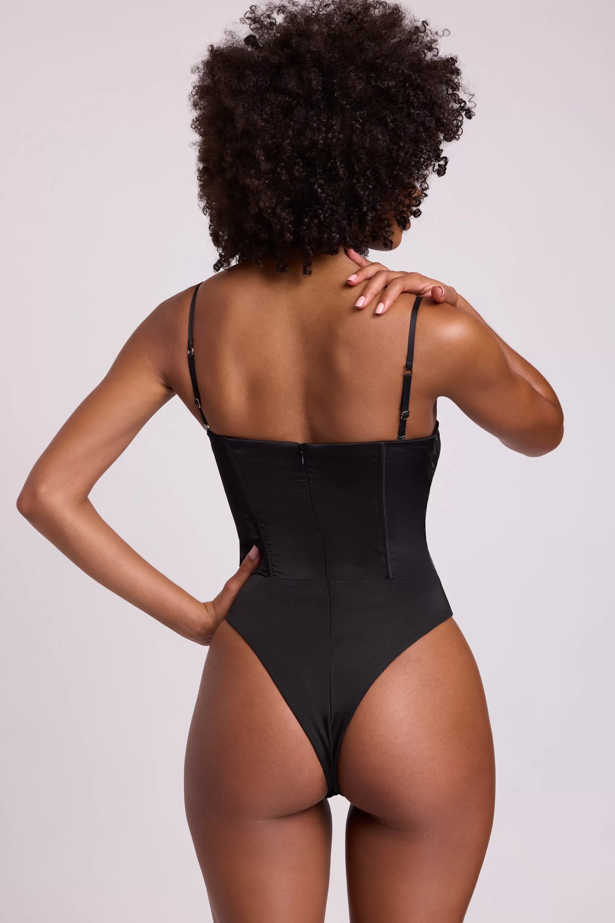 Oh Polly Satin Plunge Neck Lace Up Corset Bodysuit in Black Cheap