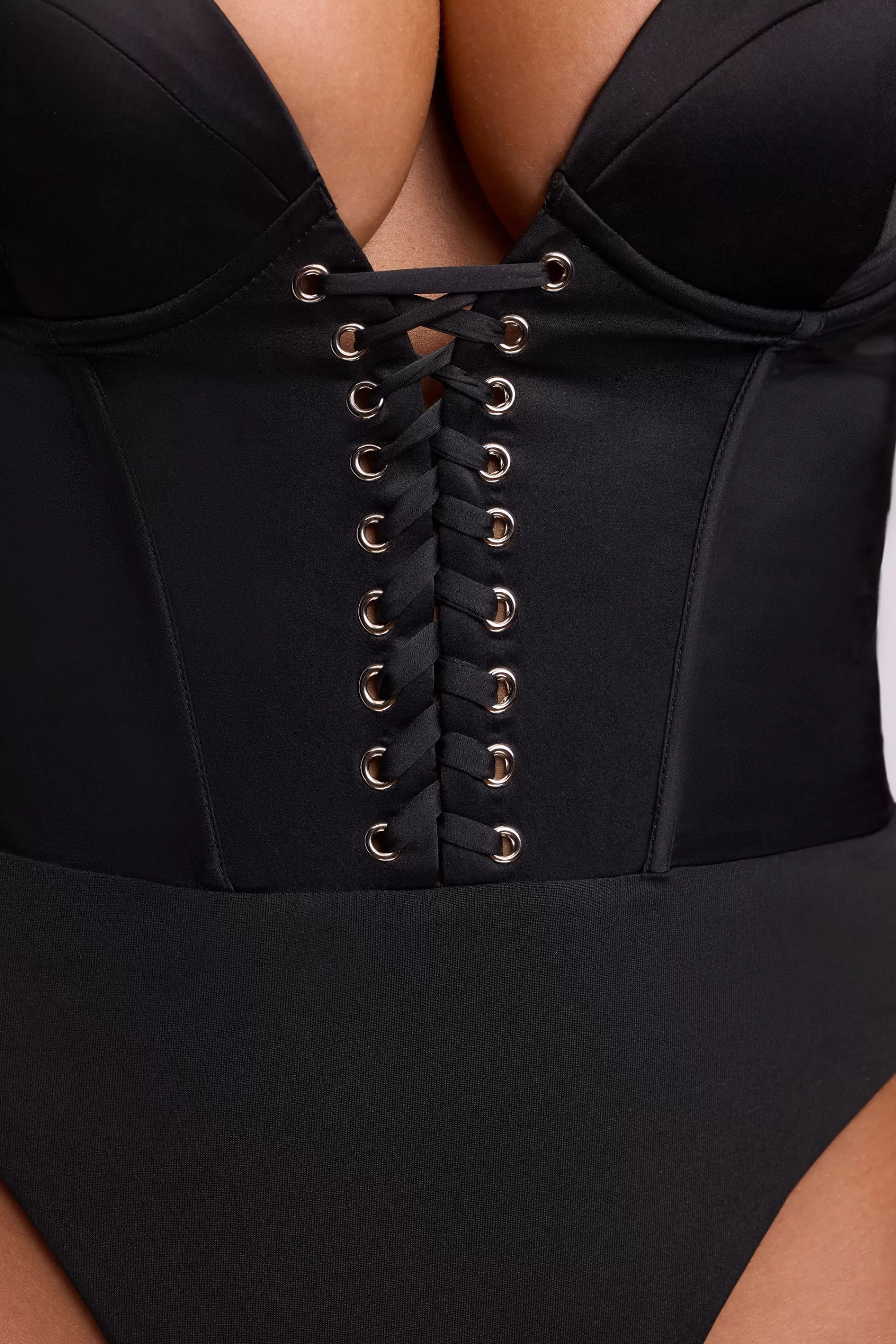 Oh Polly Satin Plunge Neck Lace Up Corset Bodysuit in Black Cheap