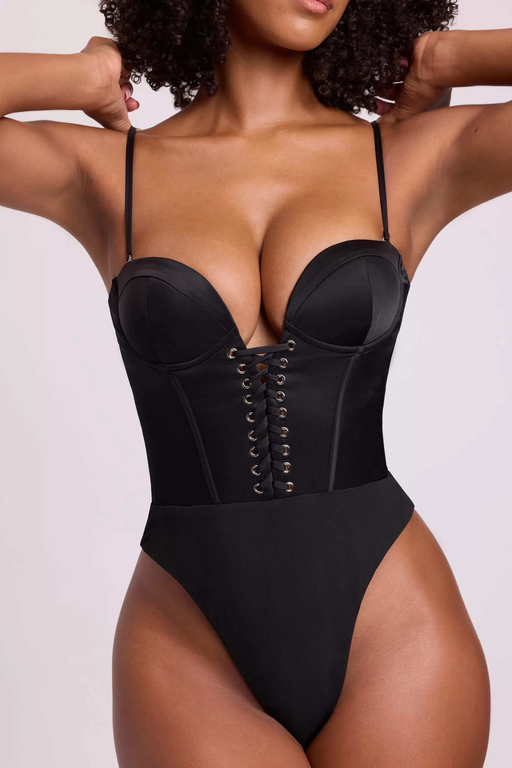 Oh Polly Satin Plunge Neck Lace Up Corset Bodysuit in Black Cheap