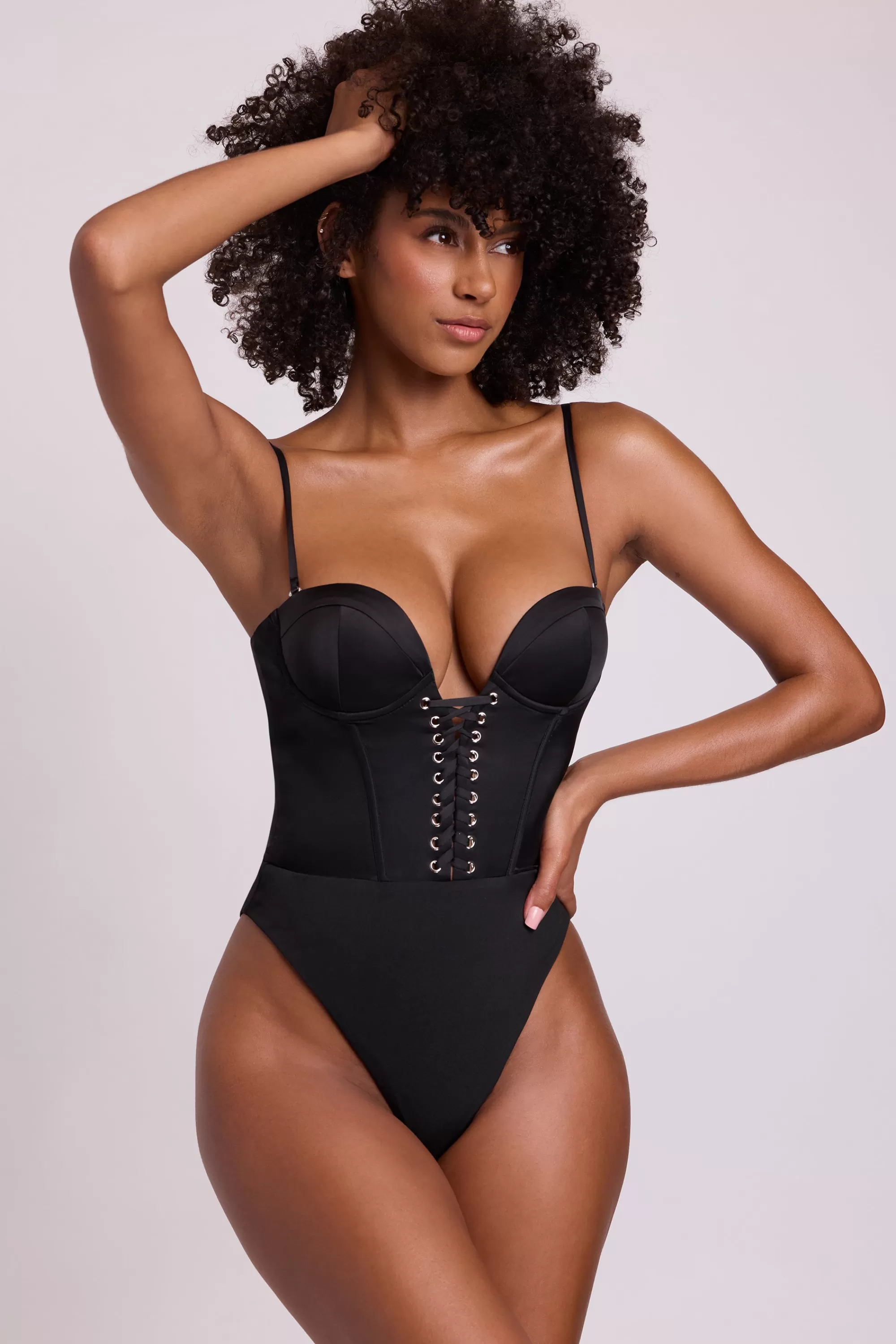 Oh Polly Satin Plunge Neck Lace Up Corset Bodysuit in Black Cheap