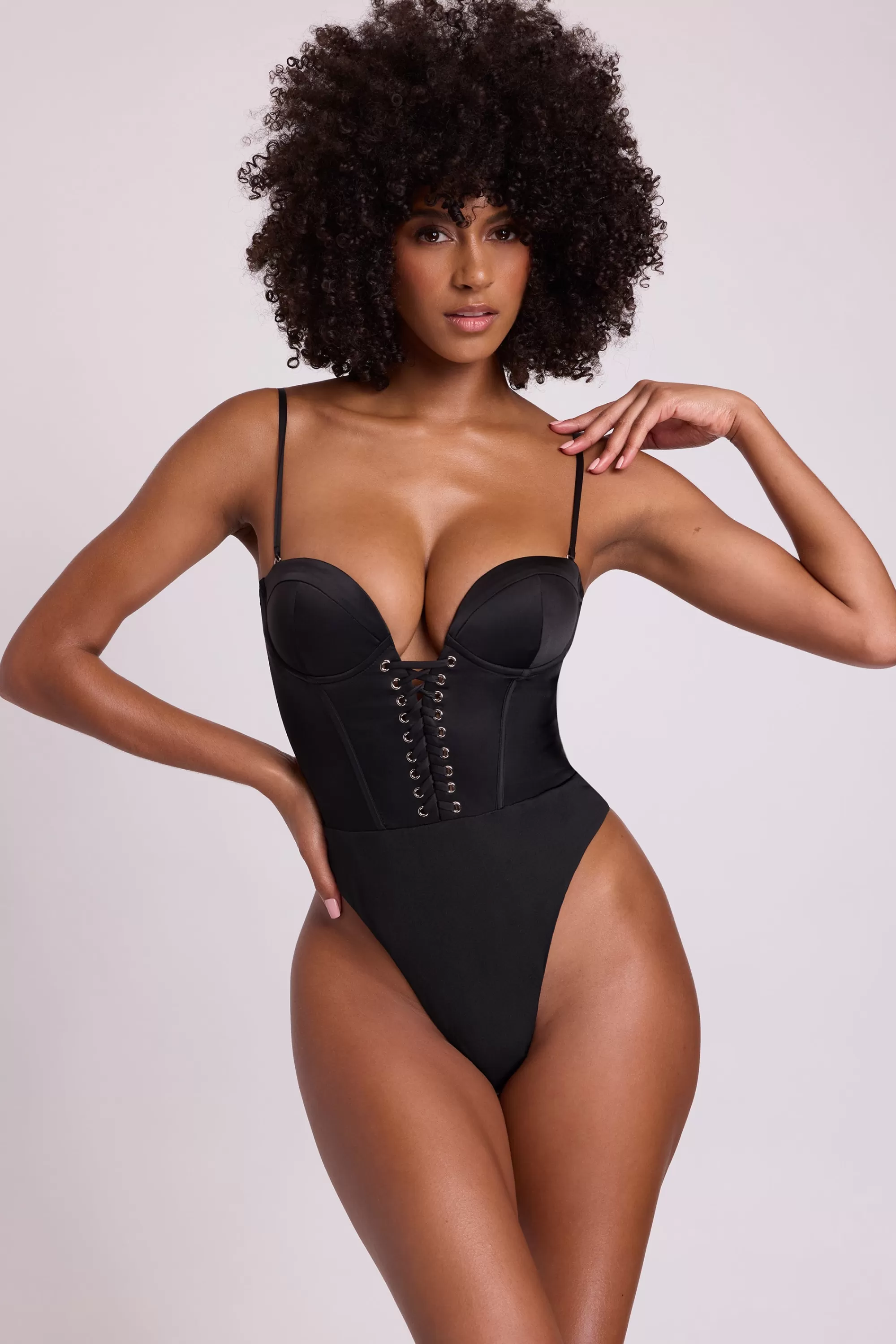 Oh Polly Satin Plunge Neck Lace Up Corset Bodysuit in Black Cheap