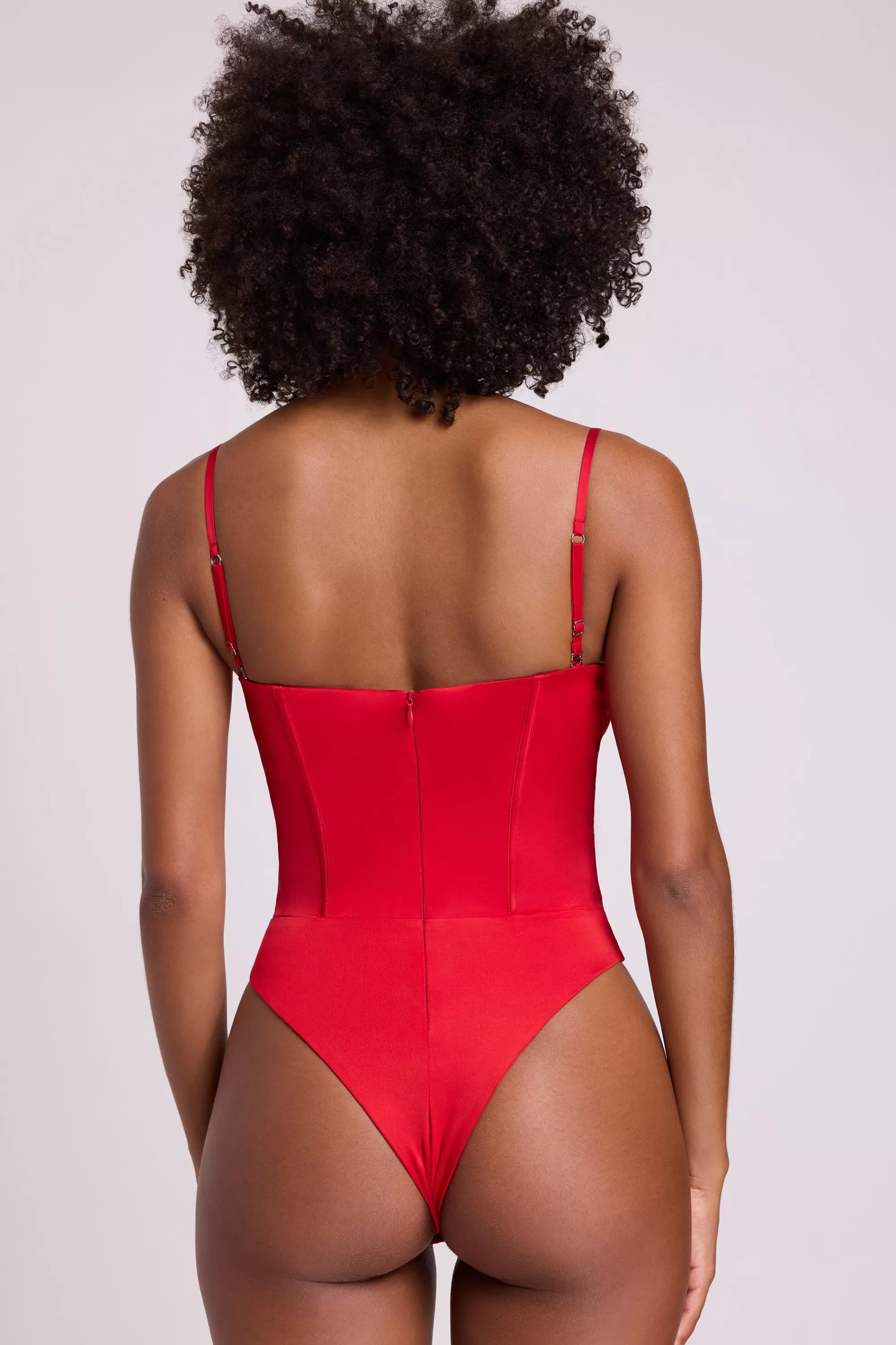 Oh Polly Satin Plunge Neck Lace Up Corset Bodysuit in Fire Red FireRed Discount