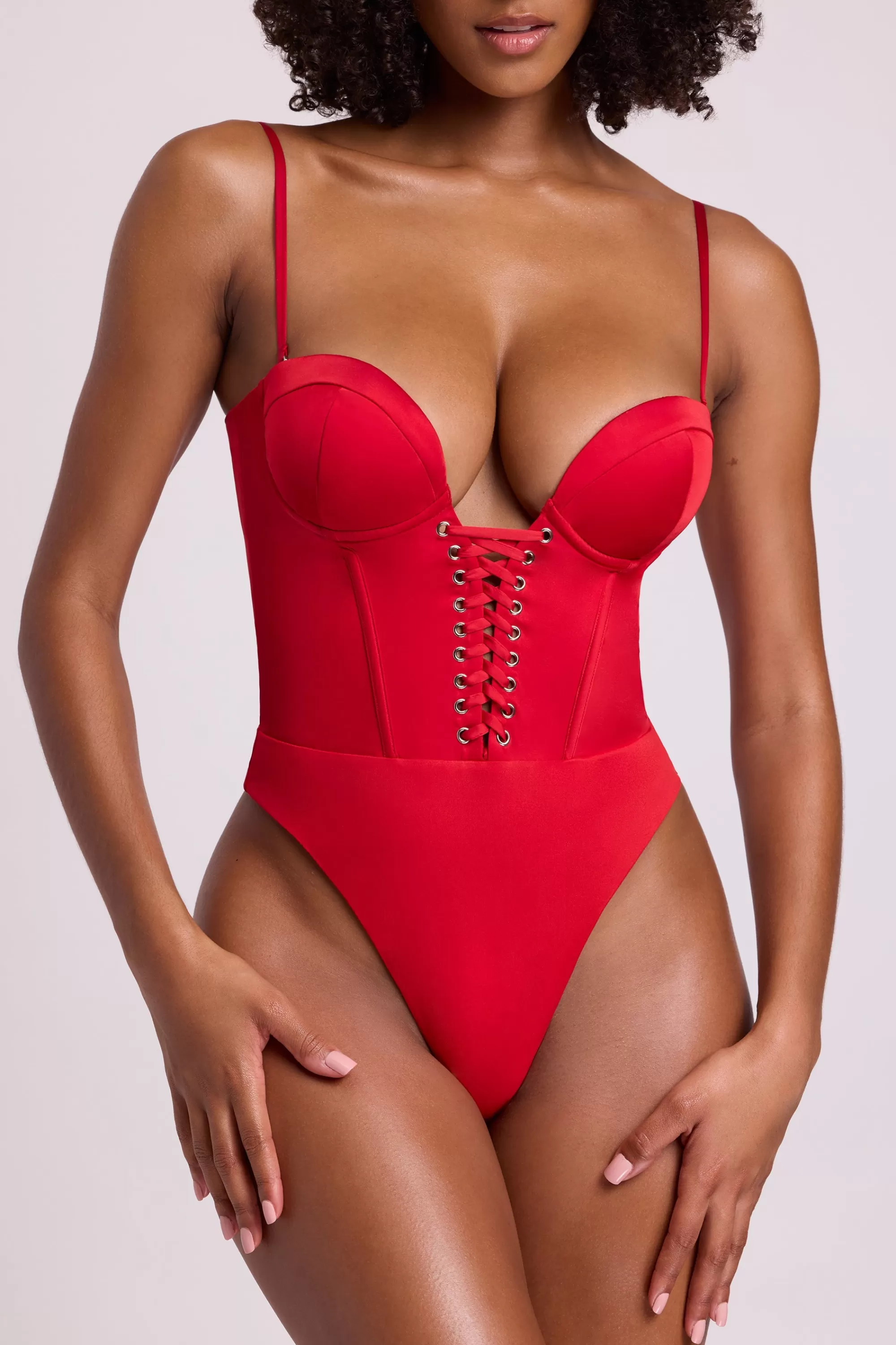 Oh Polly Satin Plunge Neck Lace Up Corset Bodysuit in Fire Red FireRed Discount